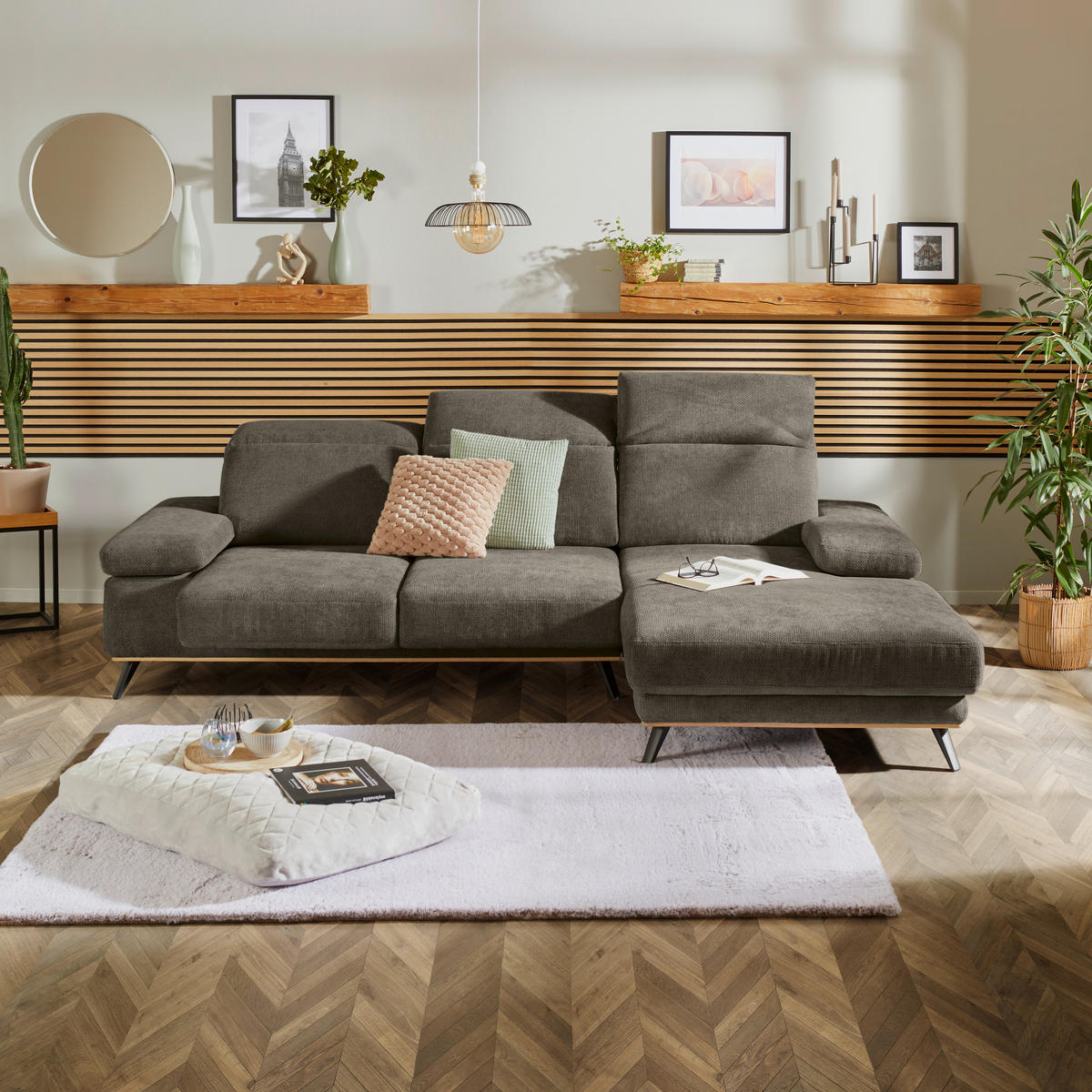 ECKSOFA in Struktur Olivgrün  - Schwarz/Olivgrün, Modern, Textil/Metall (283/194cm) - MID.YOU