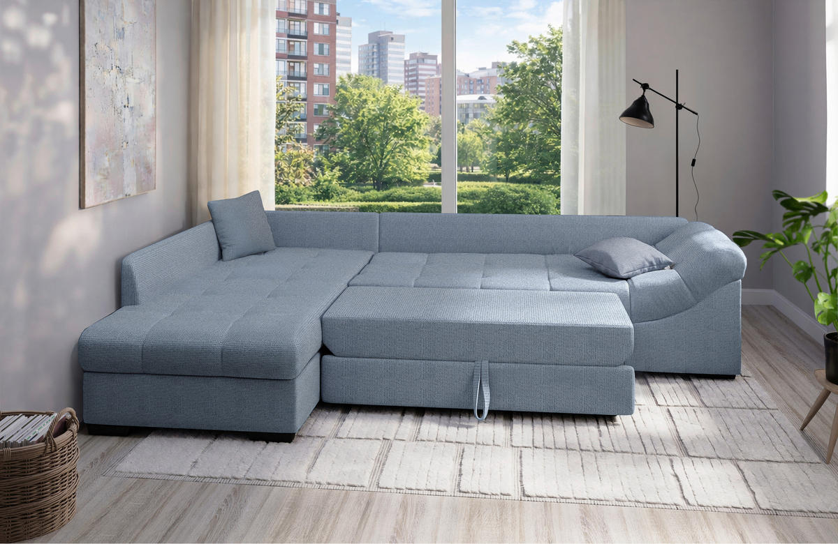 ECKSCHLAFSOFA Alvito in Chenille Hellblau  - Schwarz/Hellblau, MODERN, Holz/Textil (202/298cm) - MID.YOU