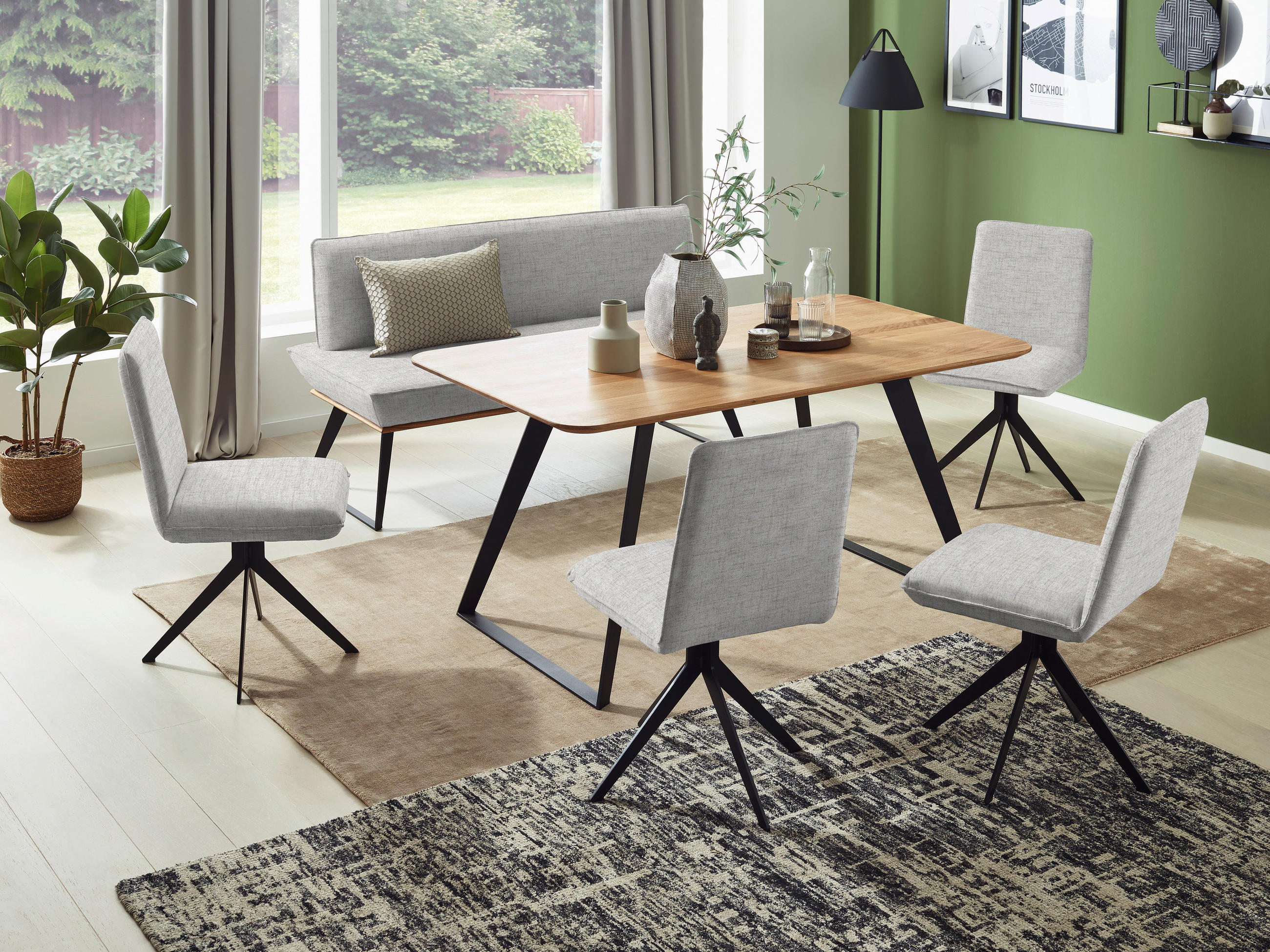 SITZBANK 140/87/64 cm Webstoff Schwarz, Eichefarben, Beige Eiche massiv Metall  - Eichefarben/Beige, Design, Holz/Textil (140/87/64cm) - Voleo