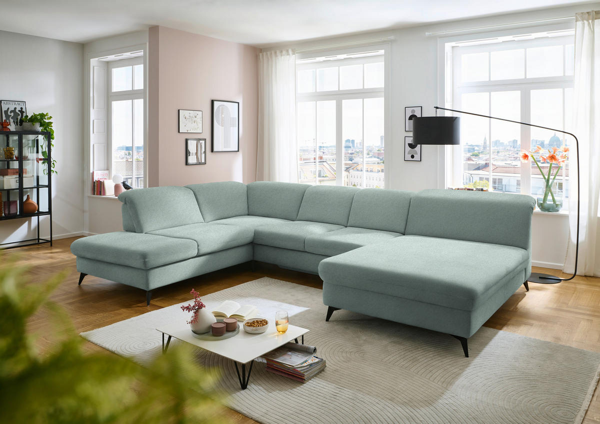 WOHNLANDSCHAFT  in Chenille Mintgrün  - Schwarz/Mintgrün, Design, Textil/Metall (255/369/198cm) - Beldomo Style