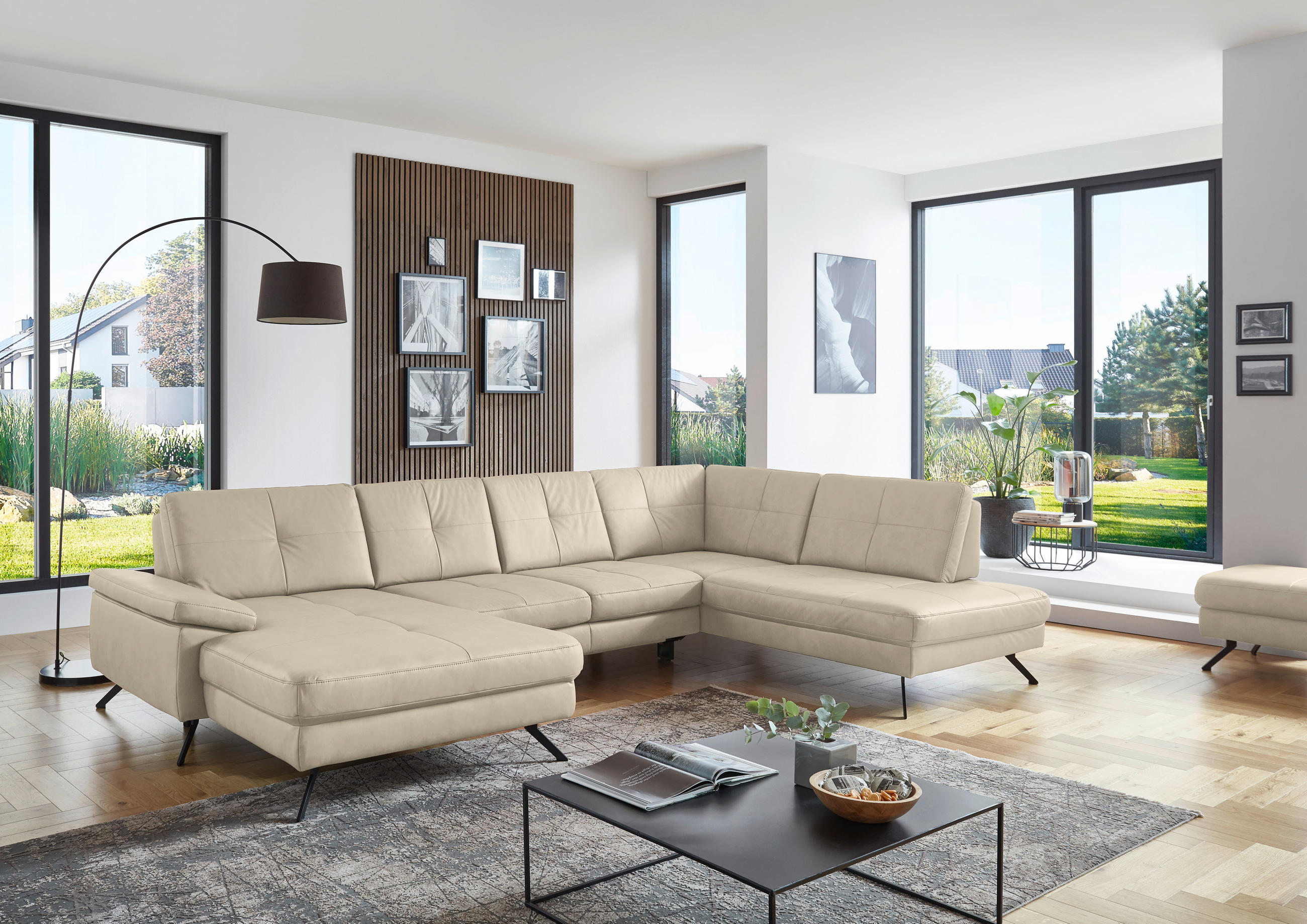 WOHNLANDSCHAFT in Lederlook, Mikrofaser Beige  - Beige/Schwarz, Design, Textil/Metall (179/343/220cm) - Beldomo System