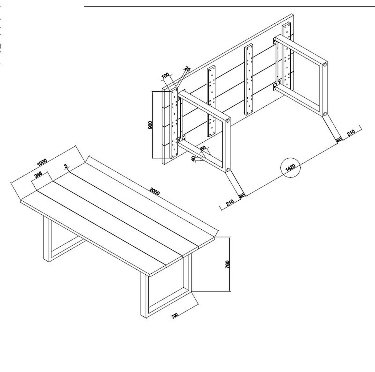 GARTENTISCH Holz, Metall rechteckig  - Schwarz/Akaziefarben, KONVENTIONELL, Holz/Metall (200/76/100cm) - Ambia Garden
