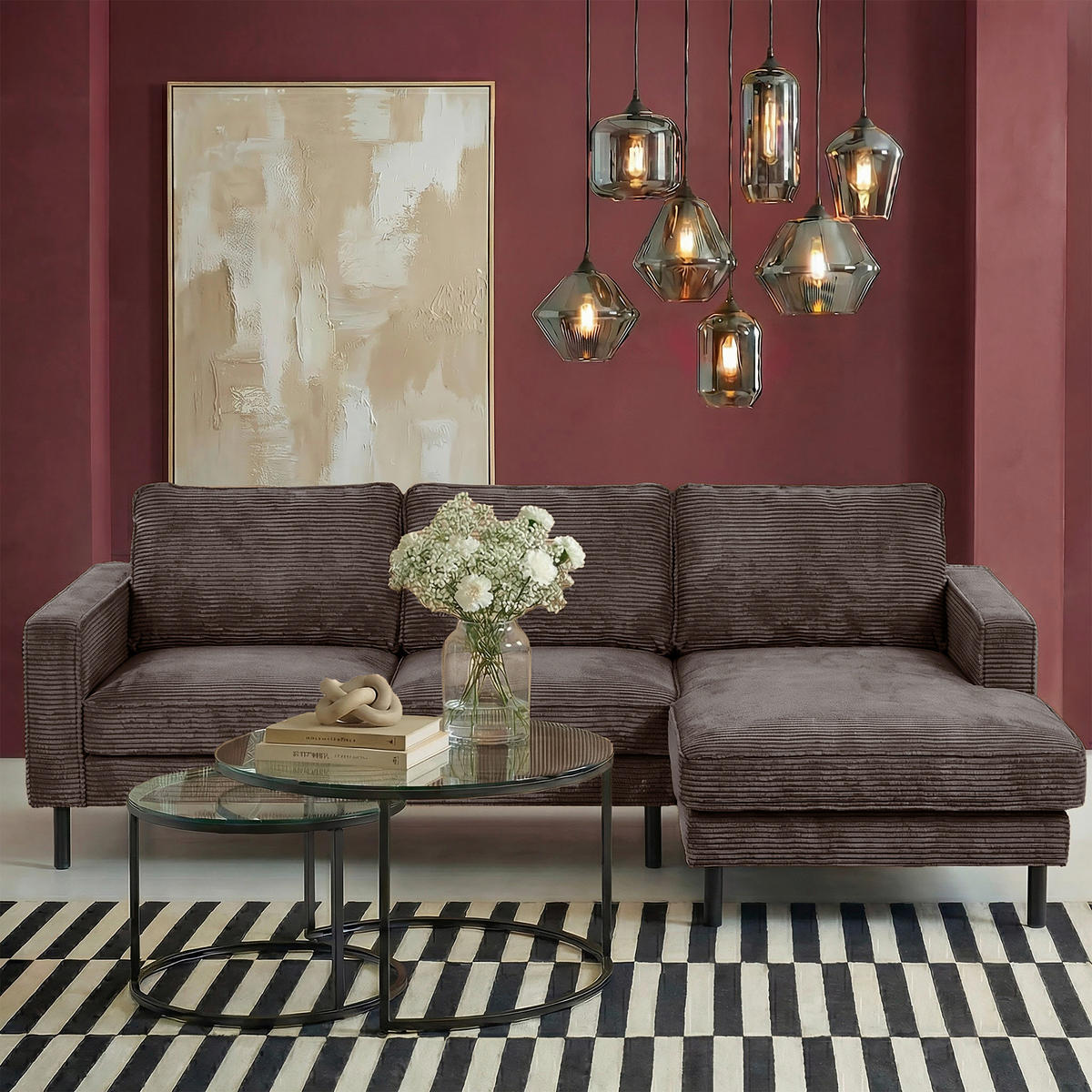 ECKSOFA Taupe Cord Rücken echt  - Taupe/Schwarz, Design, Textil/Metall (238/166cm) - Livetastic
