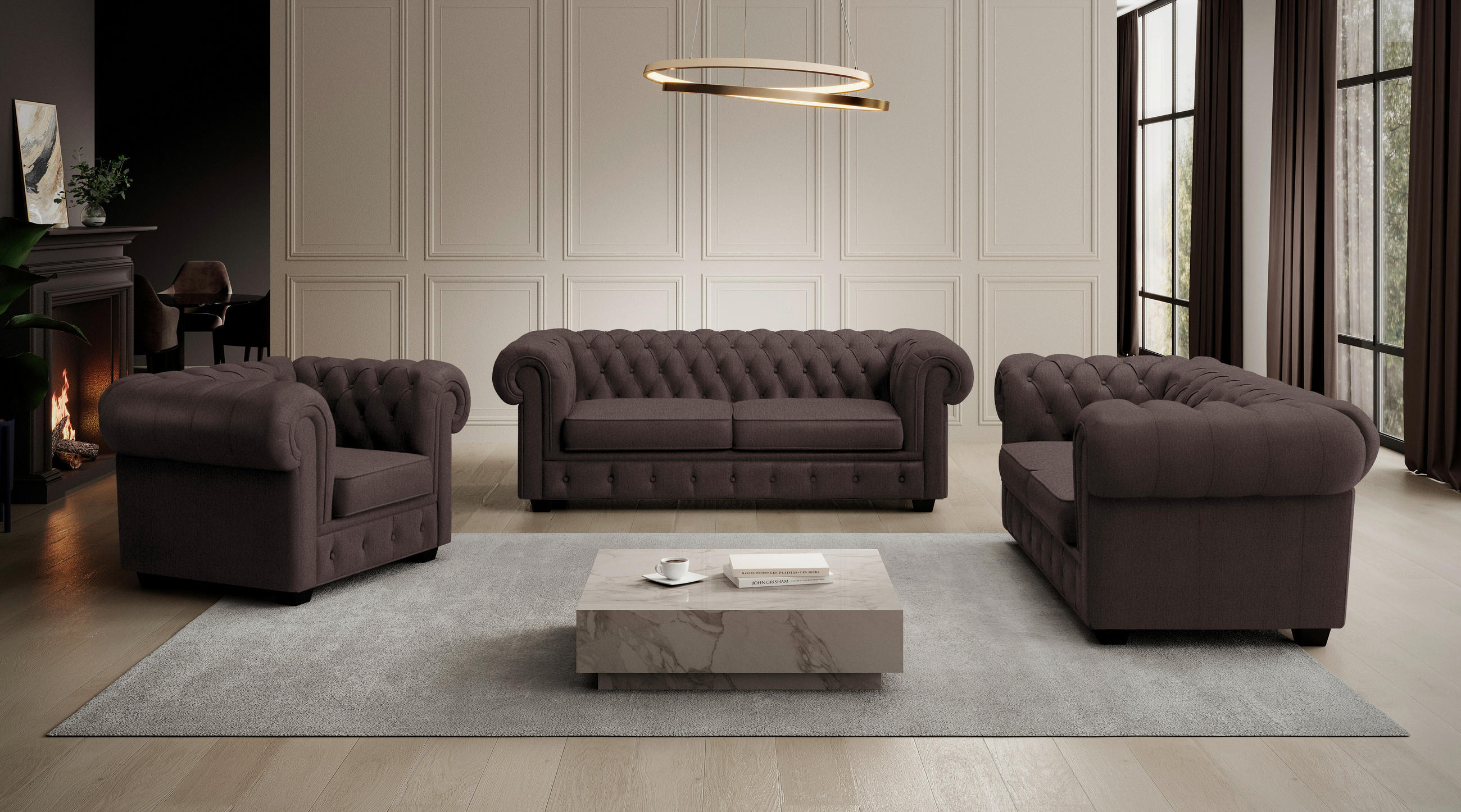 CHESTERFIELD-SOFA in Webstoff Dunkelbraun  - Wengefarben/Dunkelbraun, LIFESTYLE, Holz/Textil (206/76,5/96cm) - Landscape