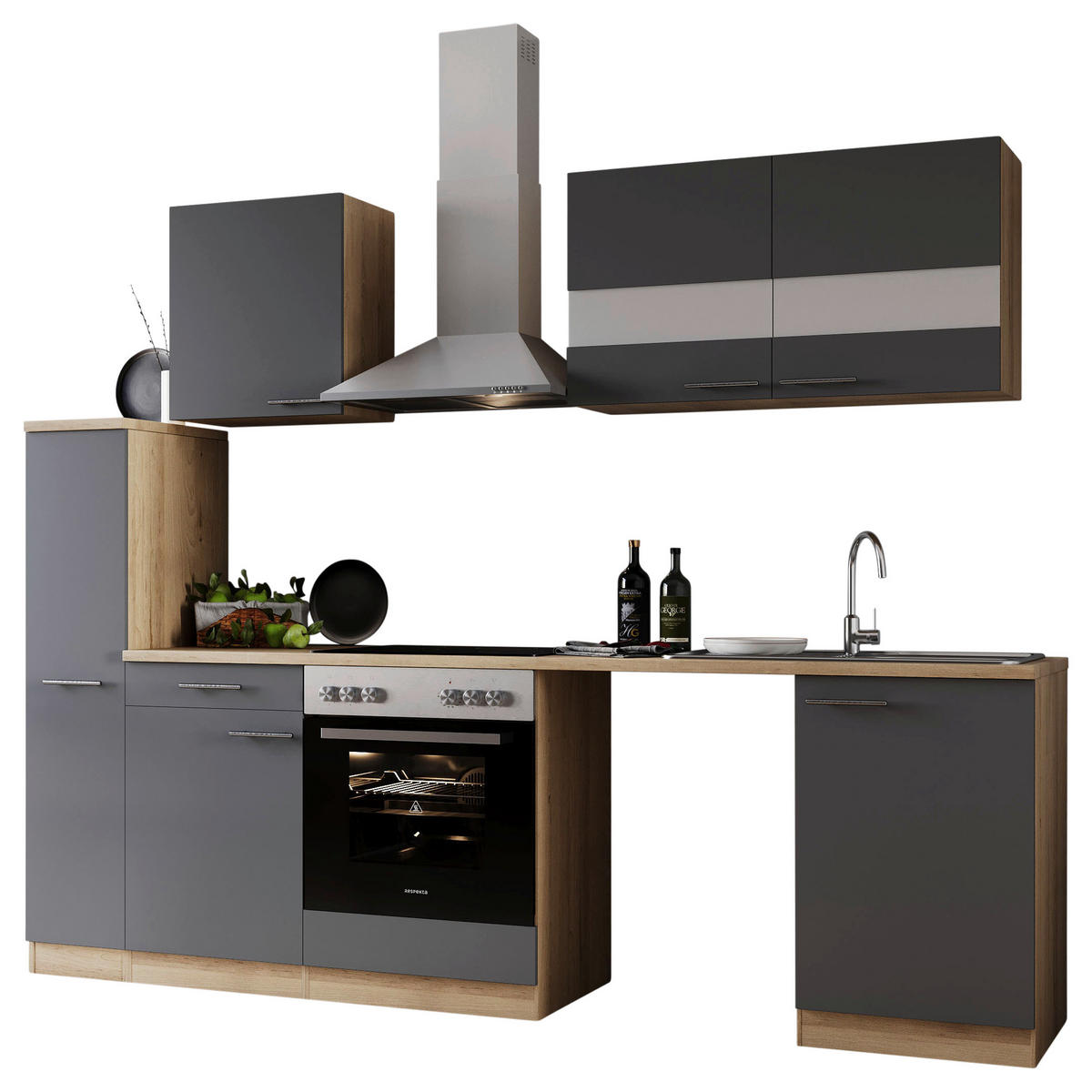 KÜCHENBLOCK 250 cm   in Grau  - Edelstahlfarben/Eichefarben, Basics, Glas/Holzwerkstoff (250cm) - Respekta