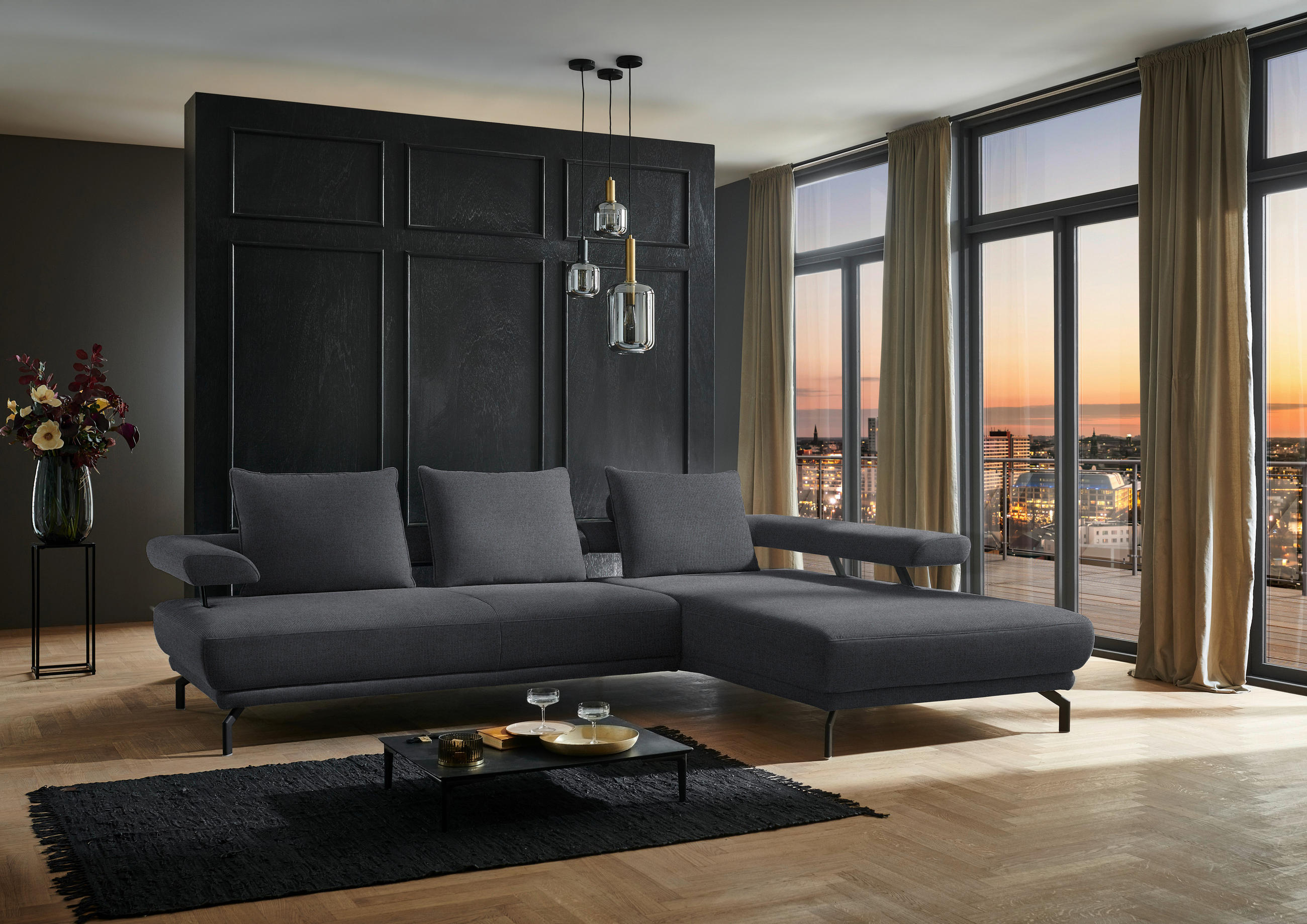 ECKSOFA in Chenille Dunkelgrau  - Dunkelgrau/Schwarz, Design, Textil/Metall (305/224cm) - Dieter Knoll