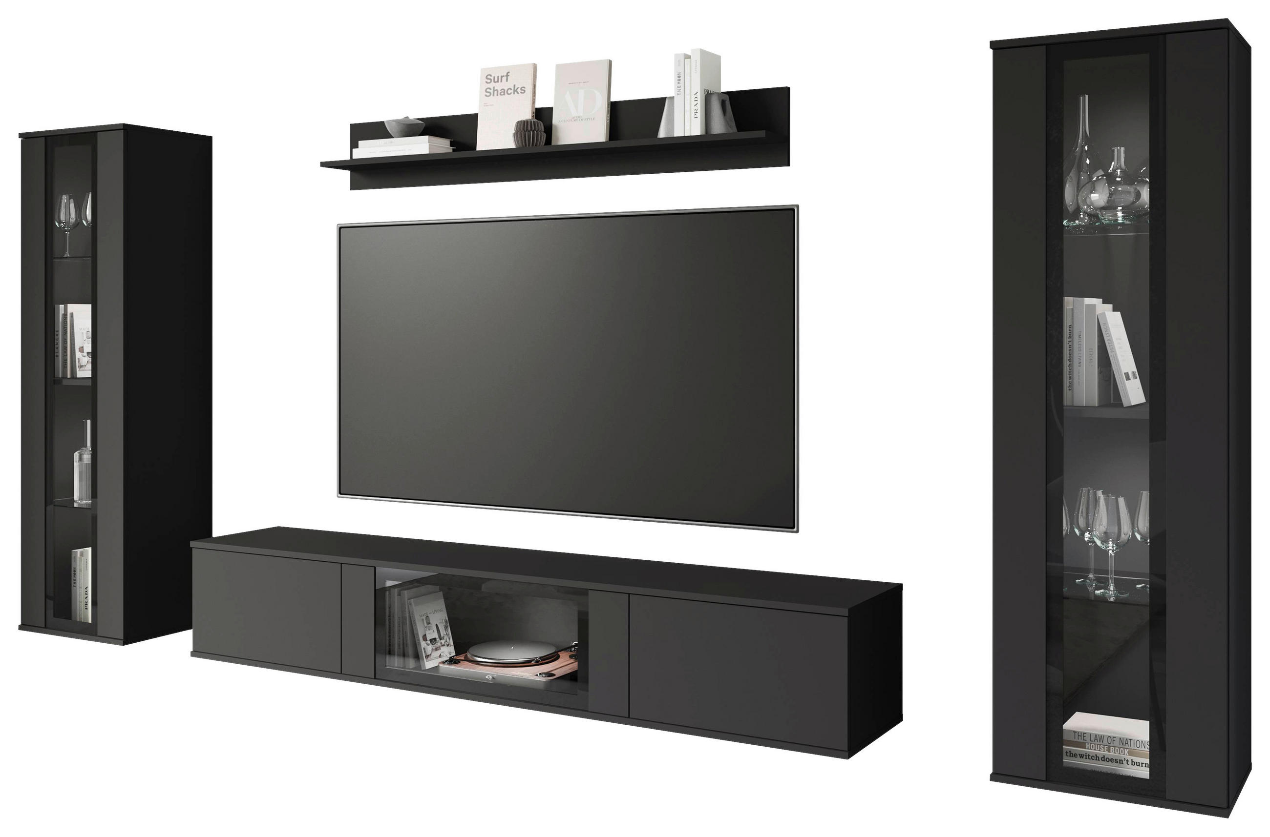 WOHNWAND 4-teilig  in Schwarz  262/141,9/33 cm  - Schwarz, Trend, Glas/Holzwerkstoff (262/141,9/33cm) - Livetastic
