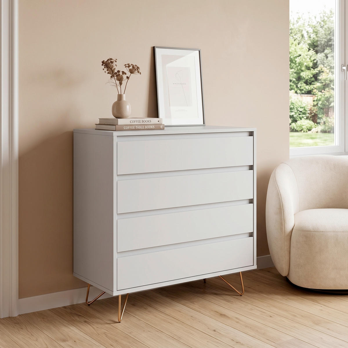 BYRÅ 90/90/40 cm  - vit/mässingsfärgad, Design, metall/trämaterial (90/90/40cm) - Livetastic