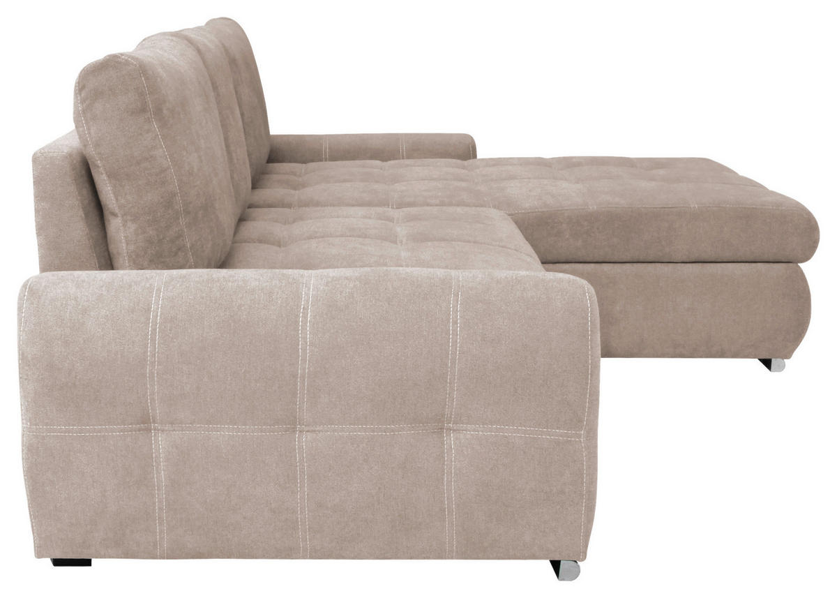 ECKSCHLAFSOFA Velours Beige  inkl. Bettkasten, Schlaffunktion  - Chromfarben/Beige, Design, Kunststoff/Textil (277/175cm) - Livetastic