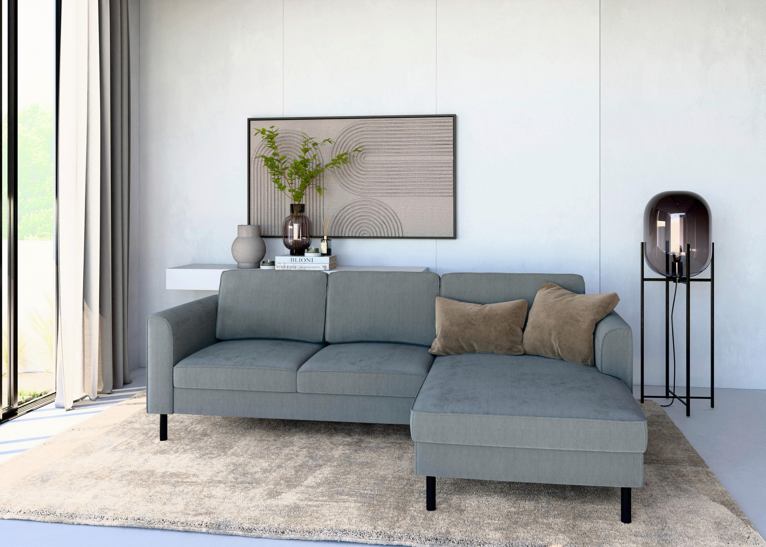 ECKSOFA  in Cord Dunkelgrau  232/161 cm  - Dunkelgrau/Schwarz, MODERN, Textil/Metall (232/161cm) - Trendmanufaktur