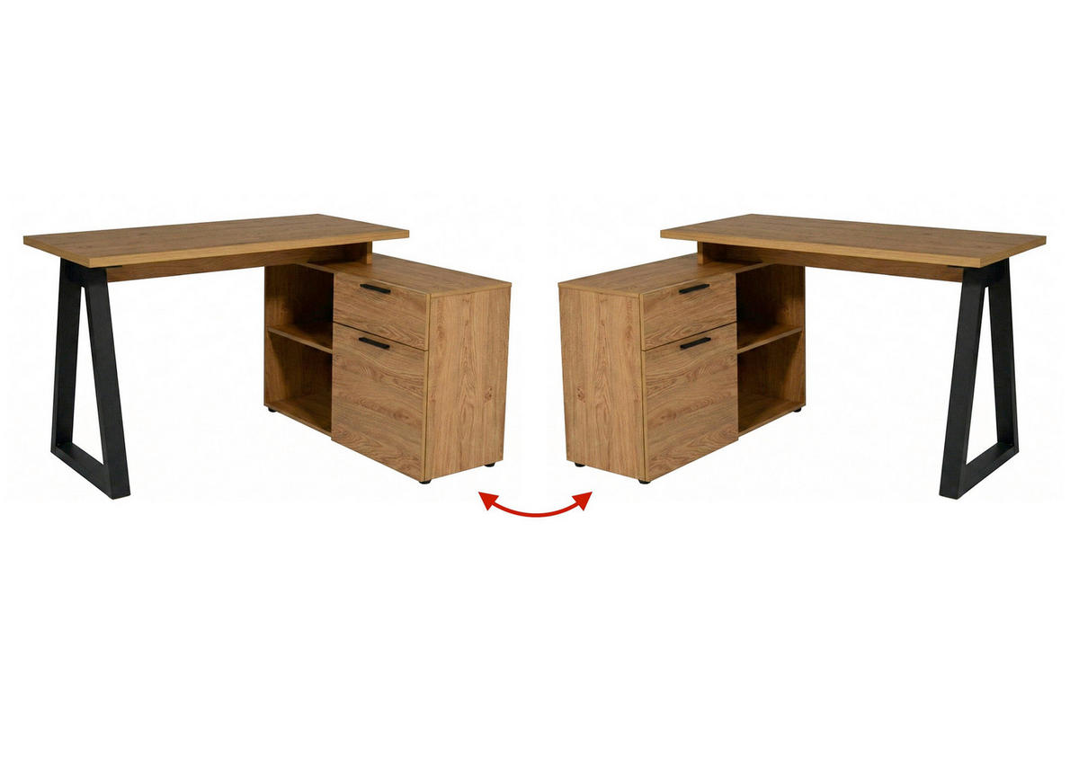 ECKSCHREIBTISCH 130/95/76,2 cm Schwarz, Eichefarben Stauraum, seitenverkehrt montierbar  - Eichefarben/Schwarz, Design, Holzwerkstoff/Metall (130/95/76,2cm) - MID.YOU