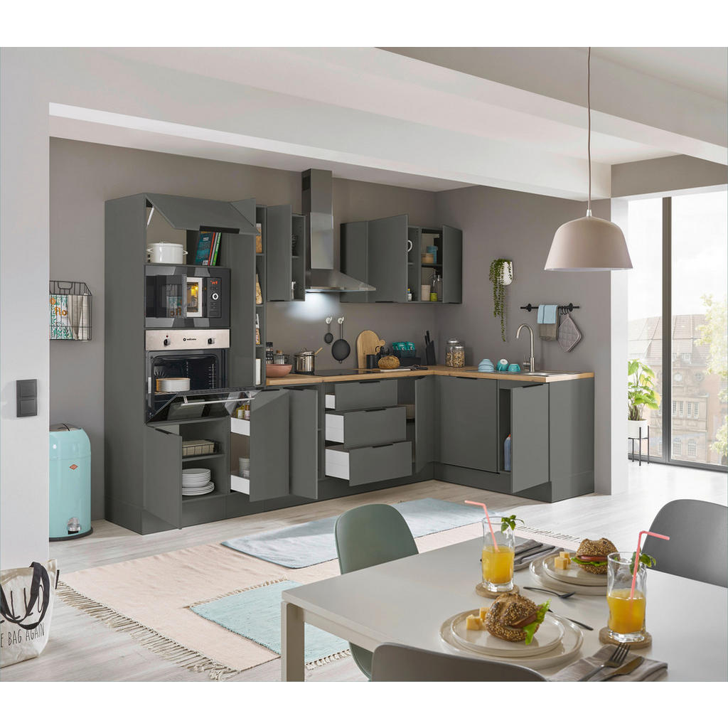 Thumbnail - Carryhome Eckküche Multan, Graphit, Metall, 3 Schublade(n) Schubladen, 310x175 cm, links aufbaubar, rechts höhenverstell...