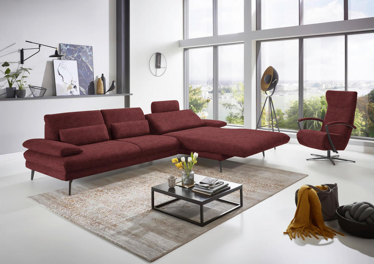 ECKSOFA in Velours Weinrot  - Weinrot/Schwarz, Design, Textil/Metall (310/180cm) - Dieter Knoll
