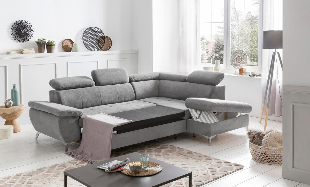 ECKSOFA in Mikrofaser Hellgrau  - Chromfarben/Hellgrau, Konventionell, Textil/Metall (256/209cm) - Livetastic