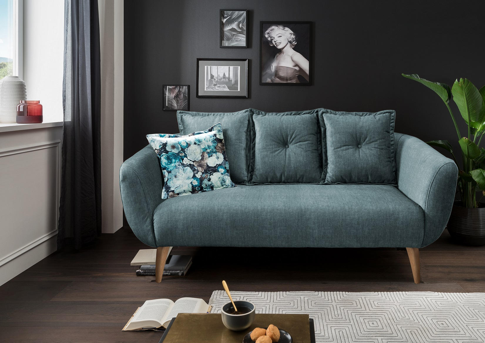2,5-SITZER Velours Blau, Multicolor  - Blau/Buchefarben, MODERN, Holz/Textil (196/94/103cm) - Livetastic