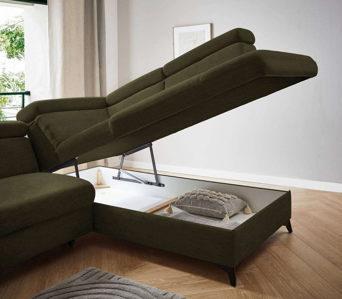 ECKSOFA in Mikrofaser Olivgrün  - Schwarz/Olivgrün, Design, Textil/Metall (260/203cm) - Stylife