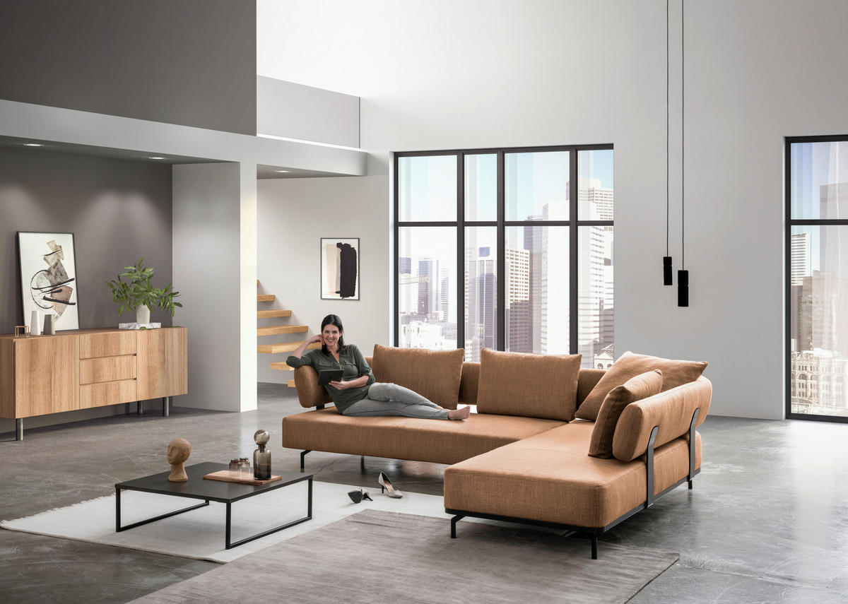 ECKSOFA in Echtleder Dunkelgelb  222/282 cm  - Dunkelgelb/Schwarz, Design, Leder/Metall (222/282cm) - Dieter Knoll