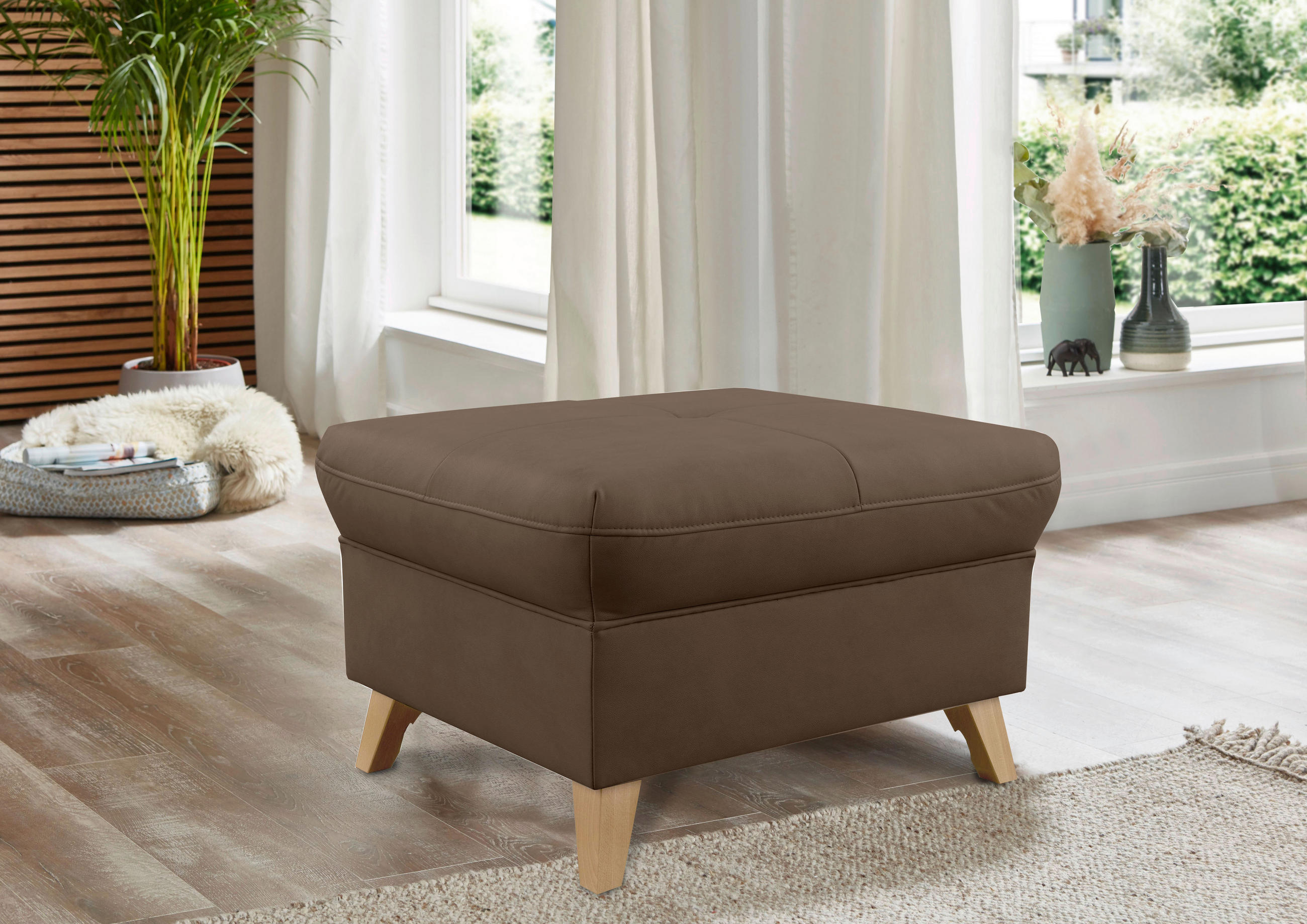 HOCKER Lederlook (vegan) Dunkelbraun  - Eichefarben/Dunkelbraun, Design, Holz/Textil (76/47/63cm) - Livetastic