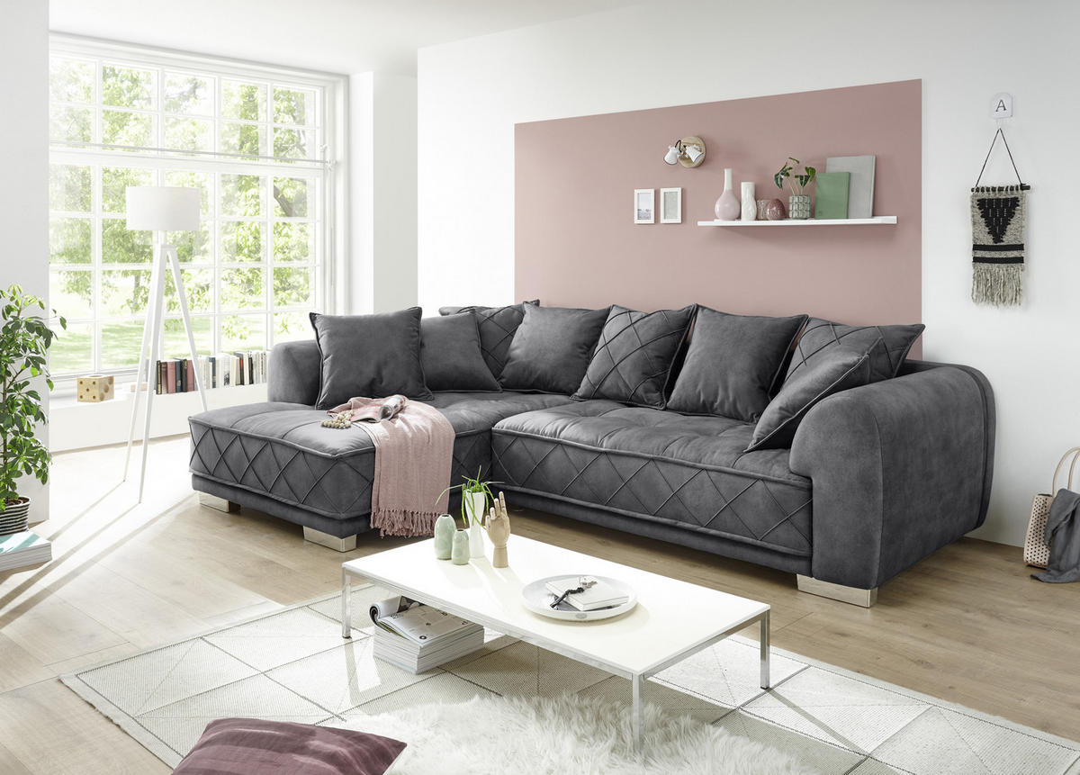 ECKSOFA Anthrazit Mikrovelours  - Anthrazit/Silberfarben, Basics, Kunststoff/Textil (319/194cm) - MID.YOU
