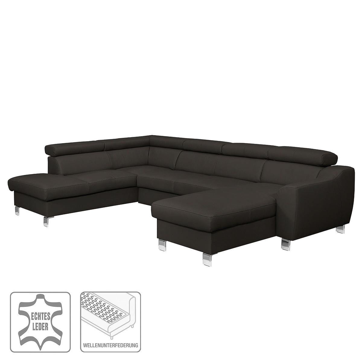WOHNLANDSCHAFT in Lederlook Echtleder Dunkelbraun  - Chromfarben/Dunkelbraun, Design, Leder/Textil (208/315/175cm) - Livetastic