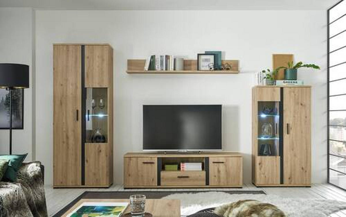 WOHNWAND  in Schwarz, Eichefarben  - Eichefarben/Anthrazit, Design, Glas/Holzwerkstoff - MID.YOU