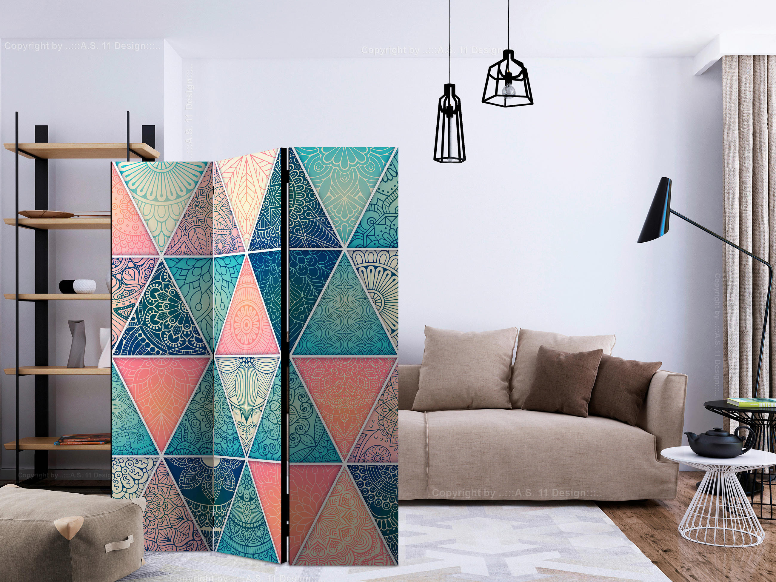 PARAVENT mit 3  Flügel - Türkis/Multicolor, Basics, Holz/Textil (135/172/3cm) - artgeist