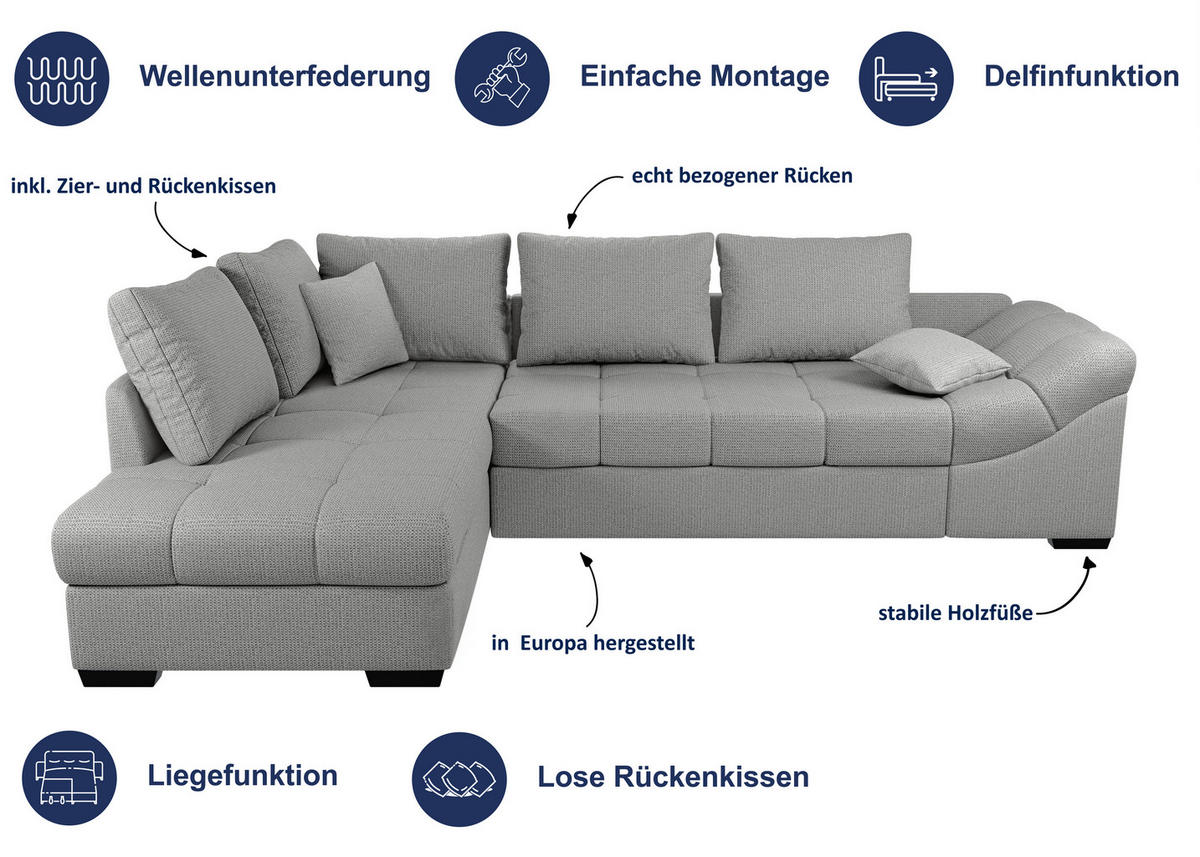 ECKSCHLAFSOFA in Graubraun Textil   - Graubraun/Schwarz, Modern, Holz/Textil (298/202cm) - MID.YOU