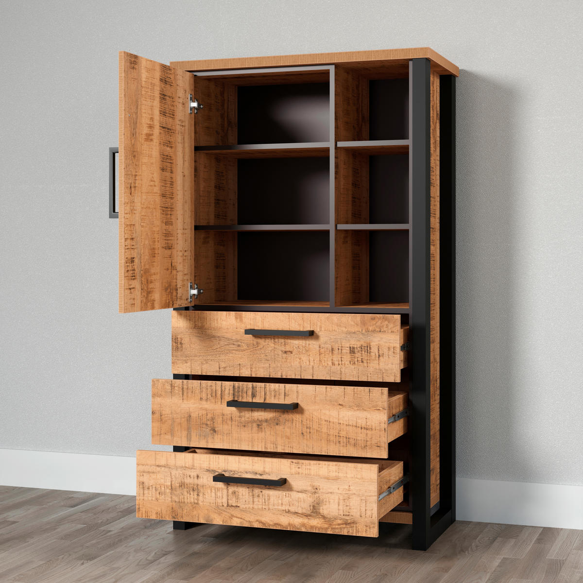 MEHRZWECKSCHRANK 87/155/45 cm  in Naturfarben, Schwarz  - Schwarz/Braun, Basics, Holzwerkstoff/Metall (87/155/45cm) - MID.YOU