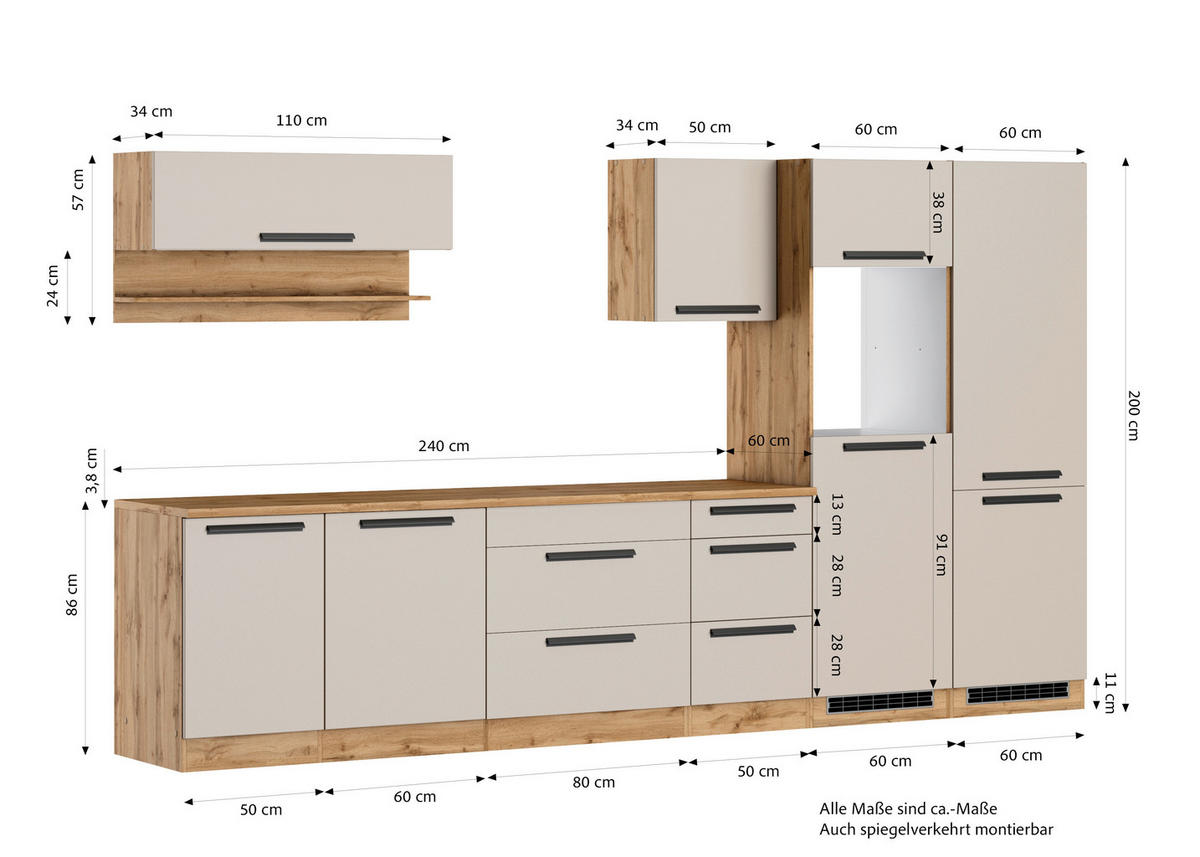 KÜCHENLEERBLOCK Aveiro 360 cm  in Kaschmir, Eiche Wotan  - Kaschmir/Eiche Wotan, Trend, Holzwerkstoff/Metall (360cm) - Held