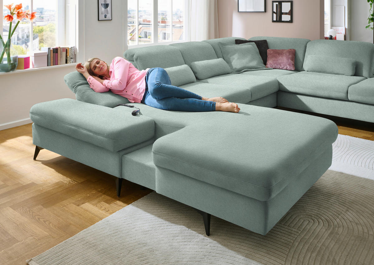 WOHNLANDSCHAFT  in Chenille Mintgrün  - Schwarz/Mintgrün, Design, Textil/Metall (198/364/255cm) - Beldomo Style