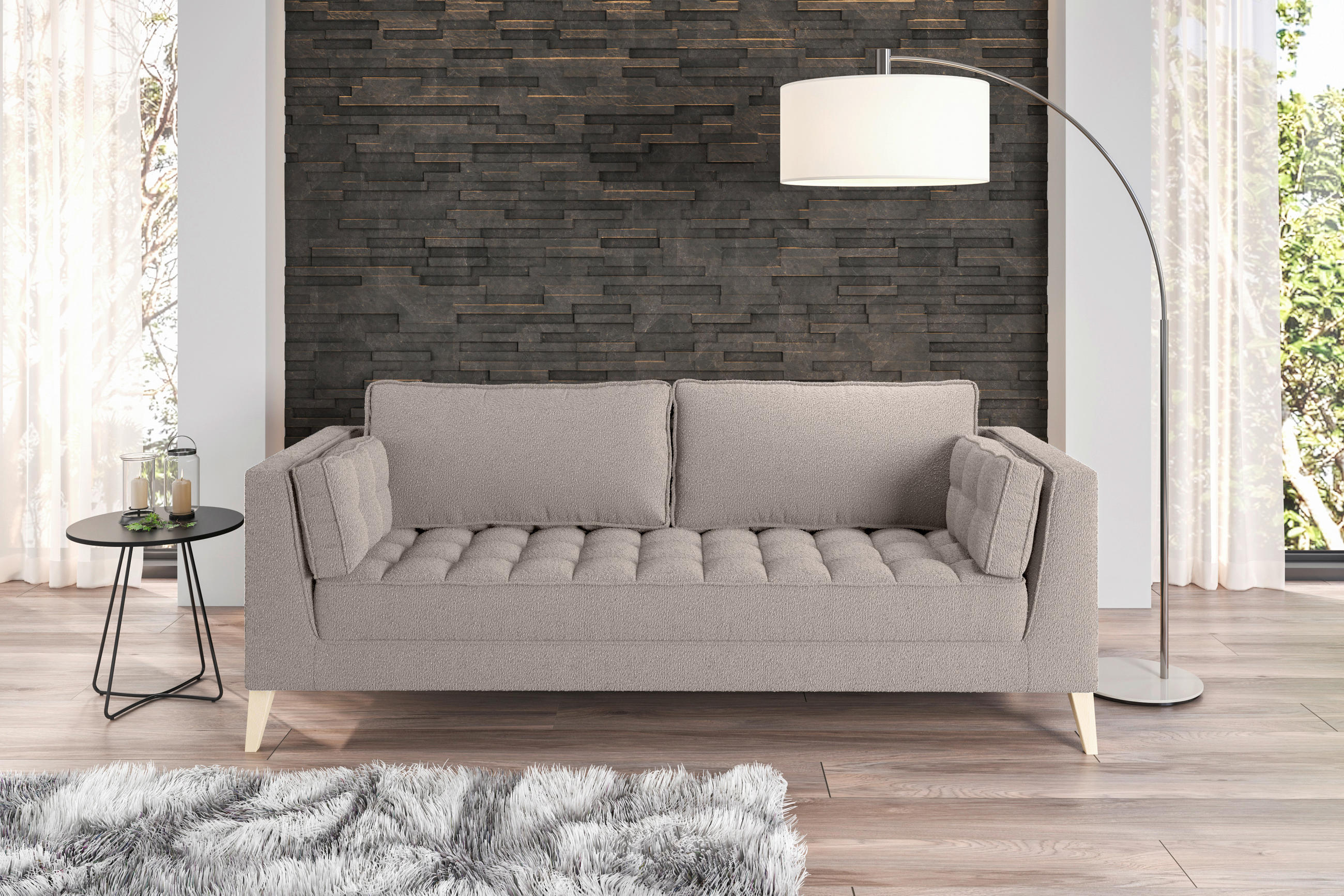 3-SITZER-SOFA Bouclé Taupe  - Taupe/Naturfarben, Design, Holzwerkstoff/Textil (170/95/85cm) - MID.YOU