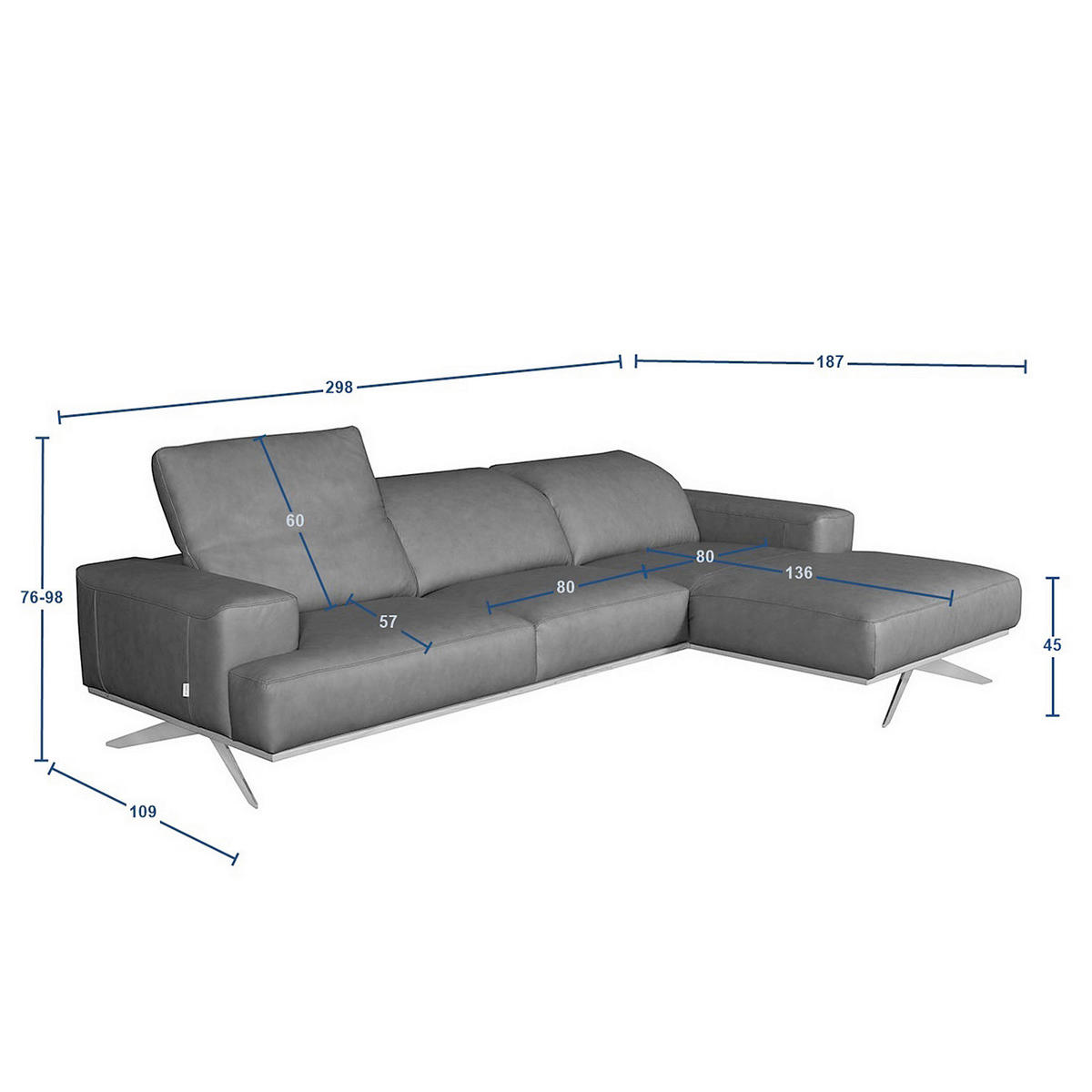 ECKSOFA Cognac Echtleder Rücken echt, Kopfteilverstellung  - Cognac/Schwarz, Design, Leder/Metall (295/187cm) - Livetastic