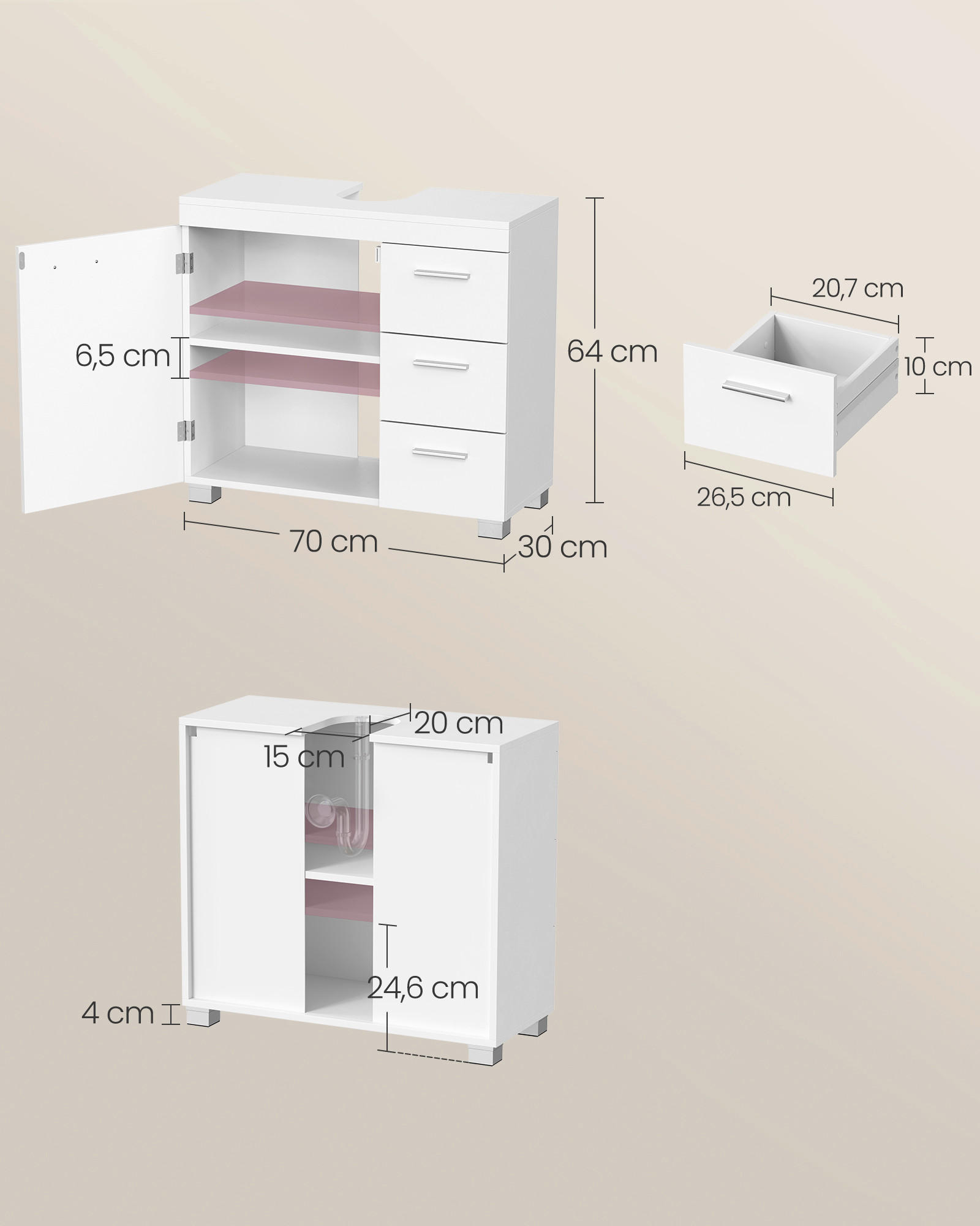 WASCHBECKENUNTERSCHRANK 70/64/30 cm  - Silberfarben/Weiß, Trend, Holzwerkstoff/Kunststoff (70/64/30cm) - MID.YOU