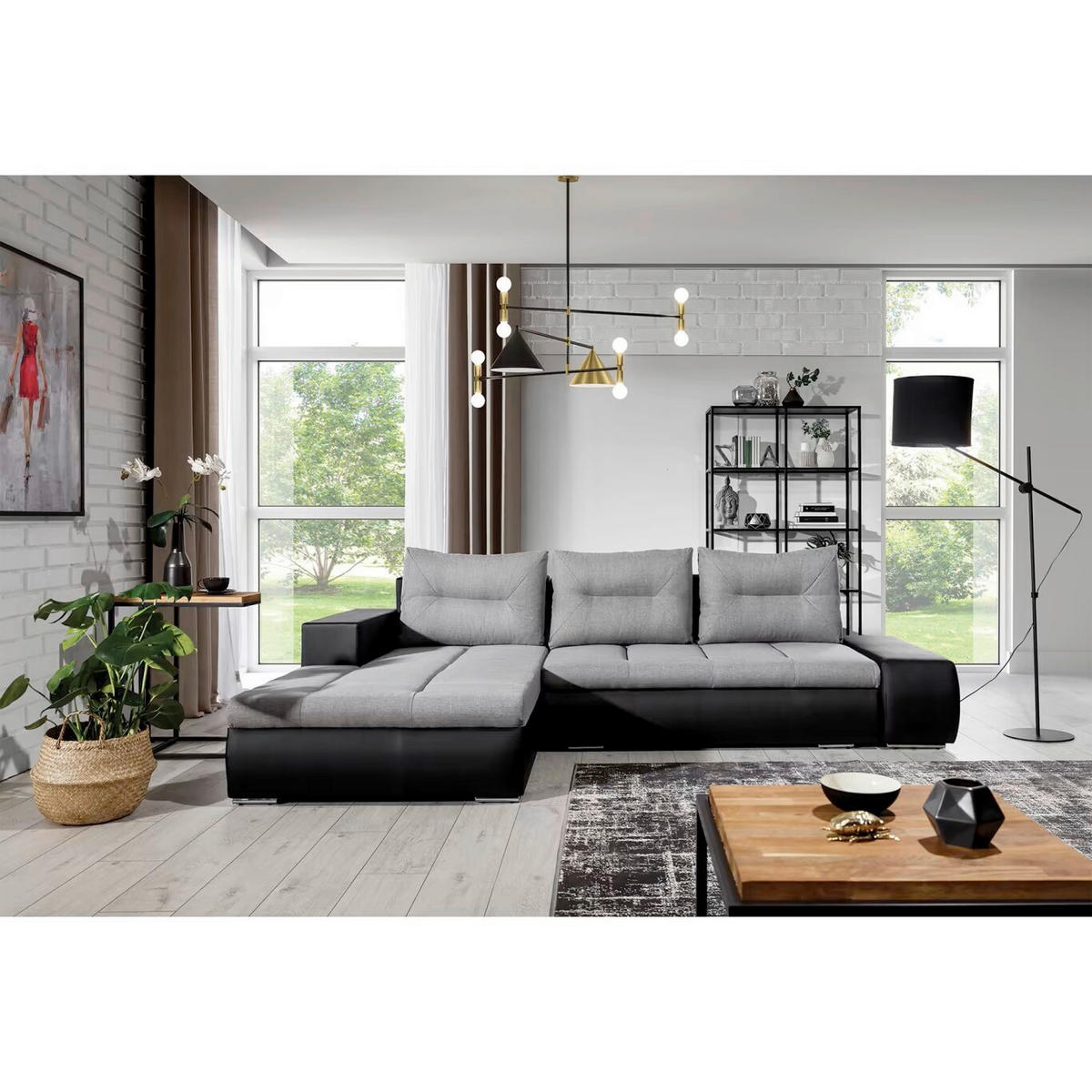 ECKSOFA  Schwarz, Hellgrau Webstoff  - Chromfarben/Hellgrau, Design, Textil/Metall (180/275cm) - MID.YOU