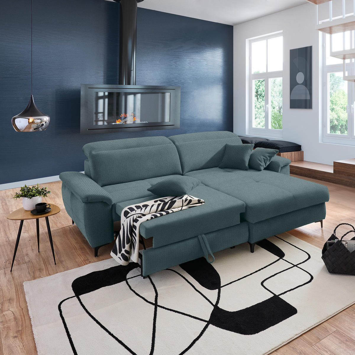 ECKSOFA in Chenille Petrol  - Petrol/Schwarz, Design, Textil/Metall (185/256cm) - Stylife