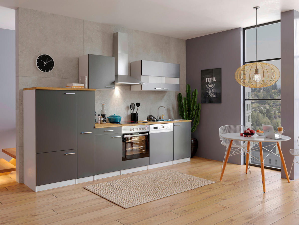 Küchenblock in Grau mit Geschirrspüler | Vorratsschränke