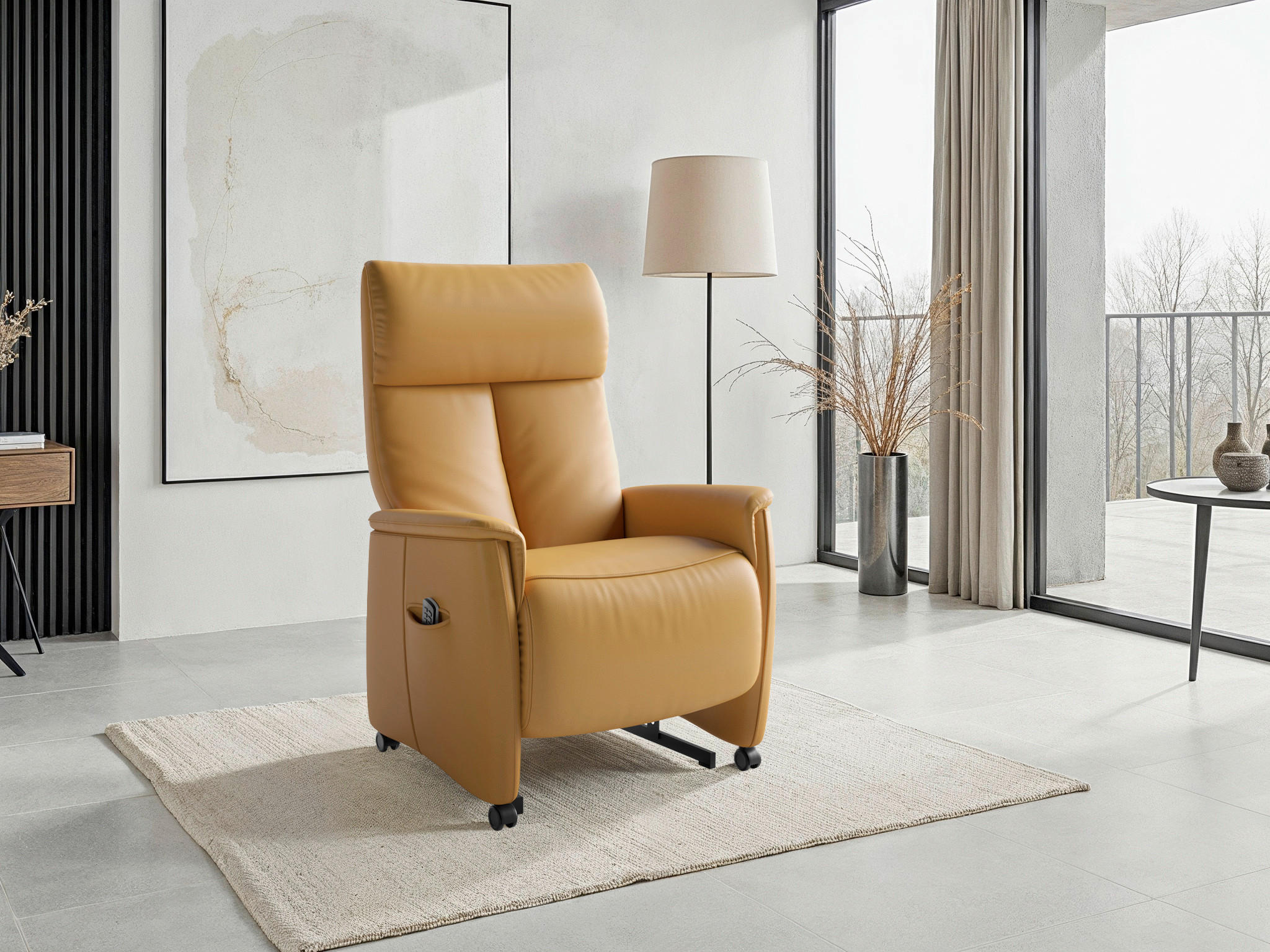 RELAXSESSEL TV CREMONA COMFORT E M2 Echtleder Kopfteilverstellung, Fußteilverstellung, Rücken echt    - Currygelb/Schwarz, Basics, Leder/Kunststoff (76/112/84cm) - Sit & More