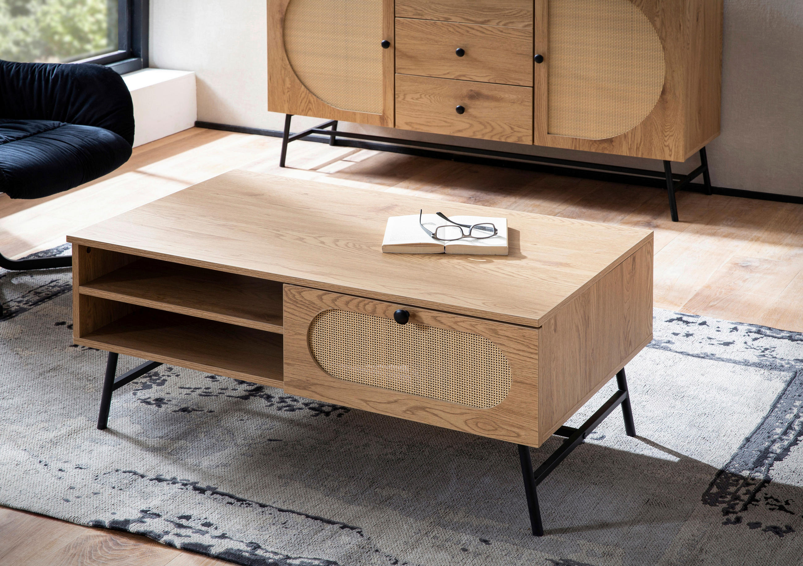 COUCHTISCH 100/60/45 cm rechteckig Eichefarben  - Eichefarben/Schwarz, Design, Holzwerkstoff/Metall (100/60/45cm) - MID.YOU