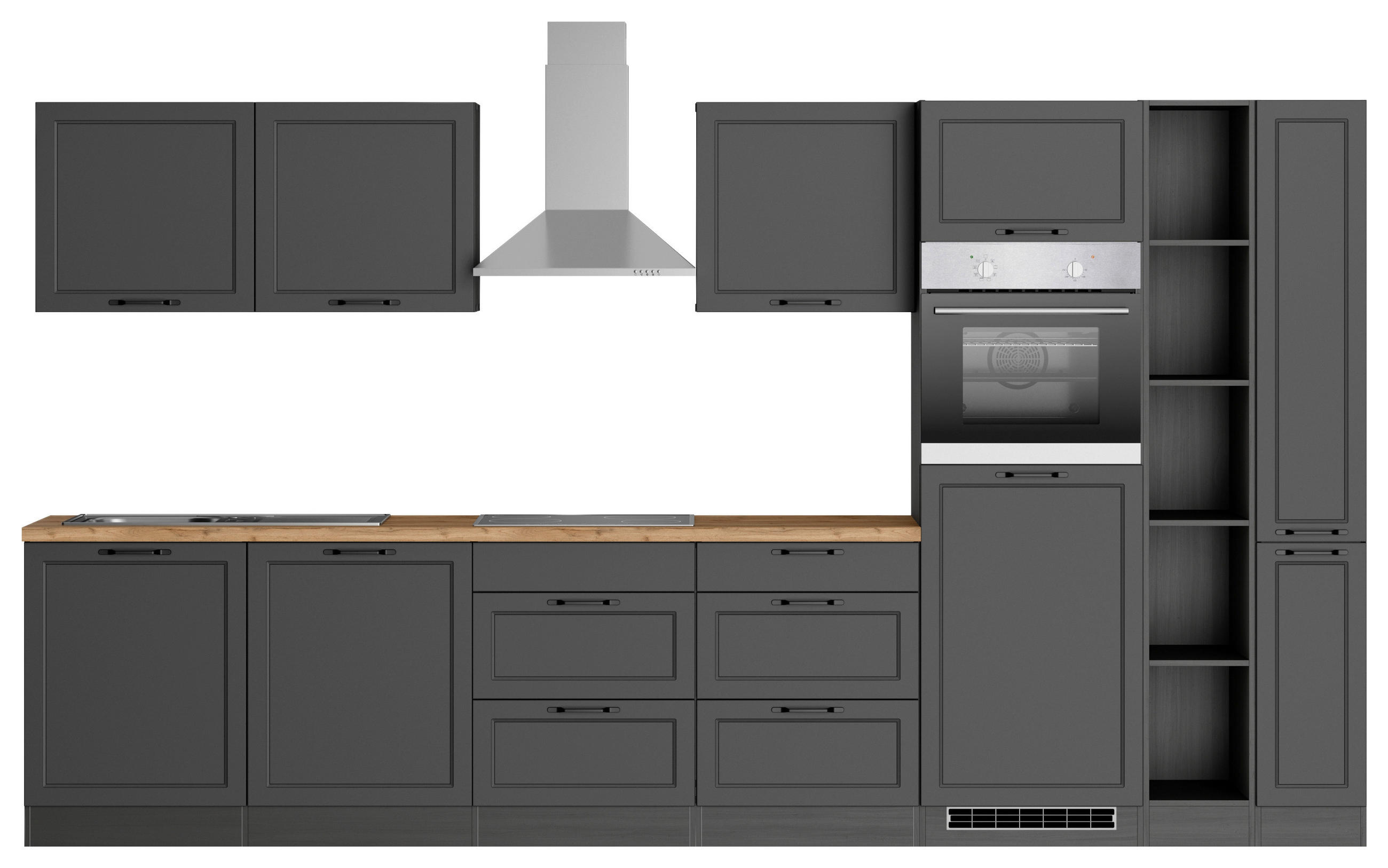 KÜCHENBLOCK 360 cm   in Grau, Eiche Wotan  - Eiche Wotan/Schwarz, LIFESTYLE, Holzwerkstoff/Metall (360cm) - Held