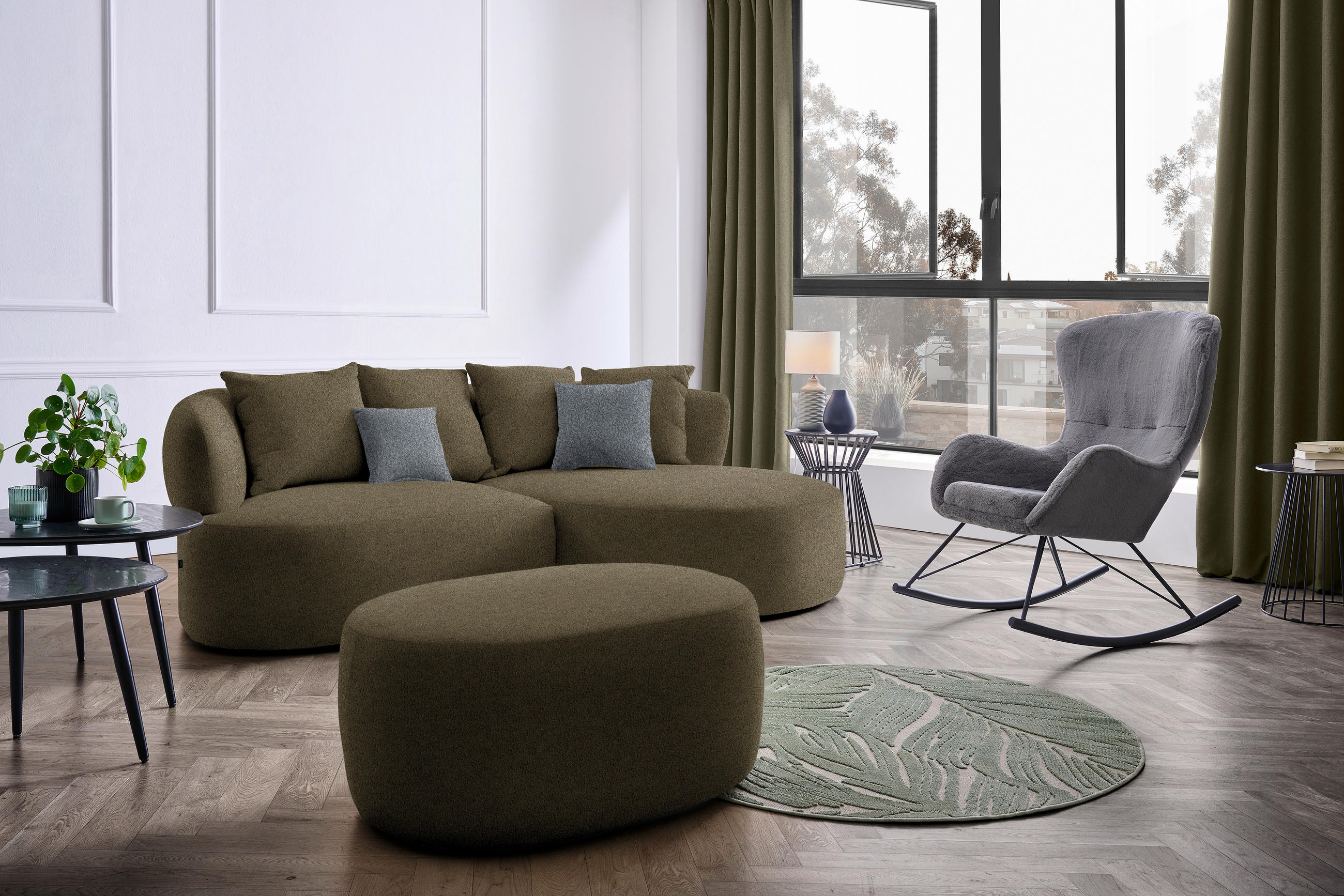 ECKSOFA in Bouclé Olivgrün  235/166 cm  - Schwarz/Olivgrün, MODERN, Kunststoff/Textil (235/166cm) - Hom`in