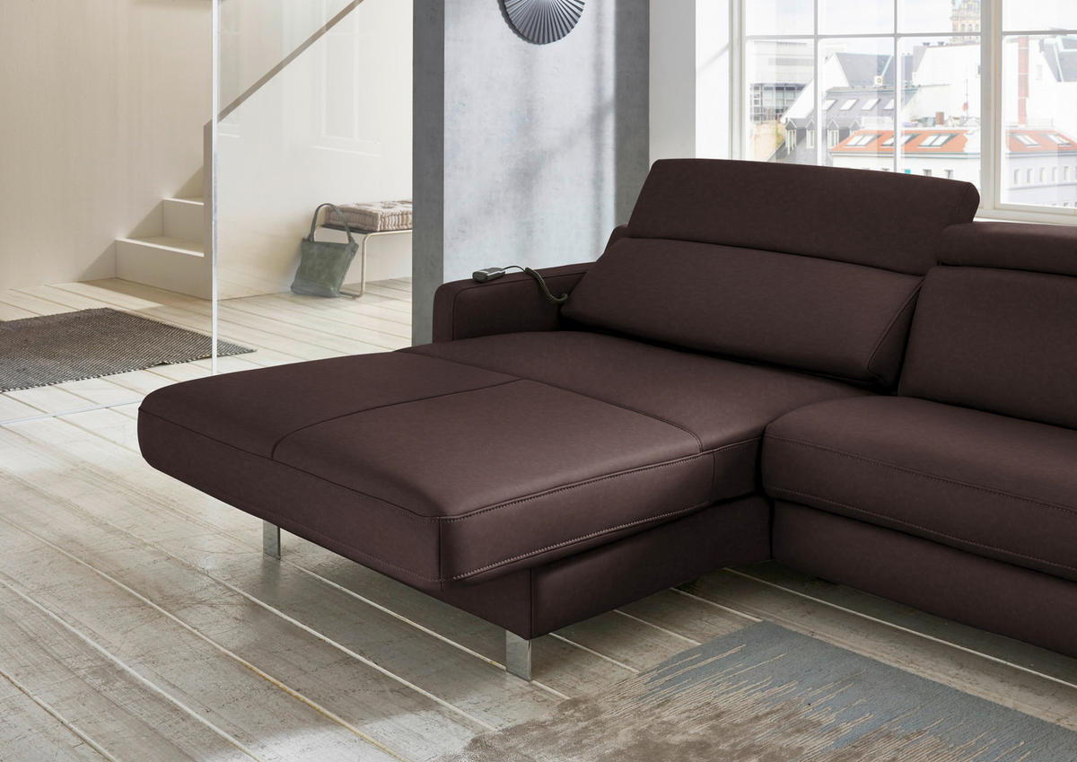 ECKSOFA in Echtleder Dunkelbraun  - Chromfarben/Dunkelbraun, Design, Leder/Metall (176/291cm) - Valdera