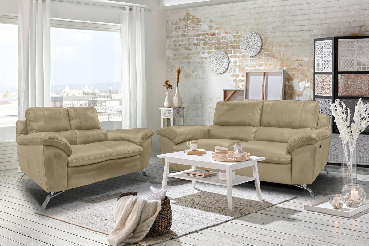2,5-SITZER mit Relaxfunktion in Kombination Echtleder/Lederlook Greige  - Greige/Silberfarben, Design, Leder/Metall (216/97/95-151cm) - Livetastic