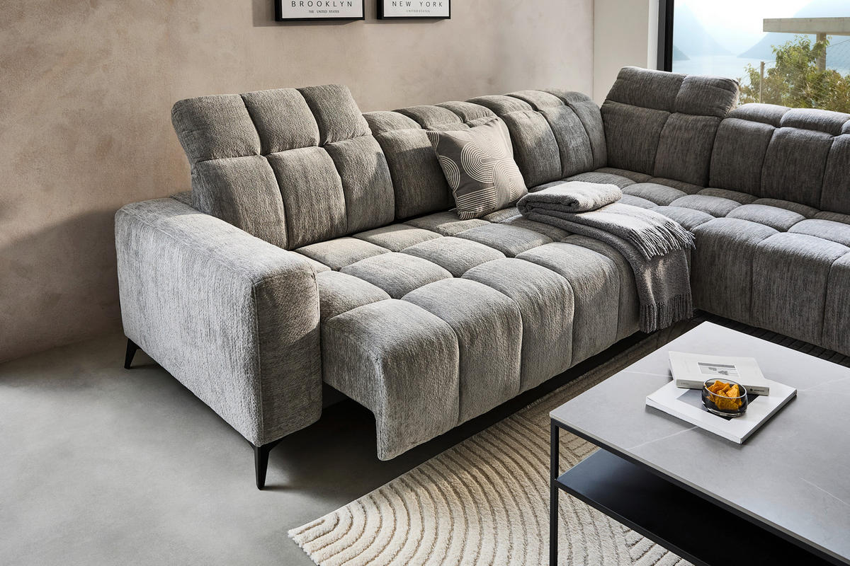 ECKSOFA inkl. Funktionen Dunkelgrau Chenille  - Dunkelgrau/Schwarz, Design, Textil/Metall (293/214cm) - Xora
