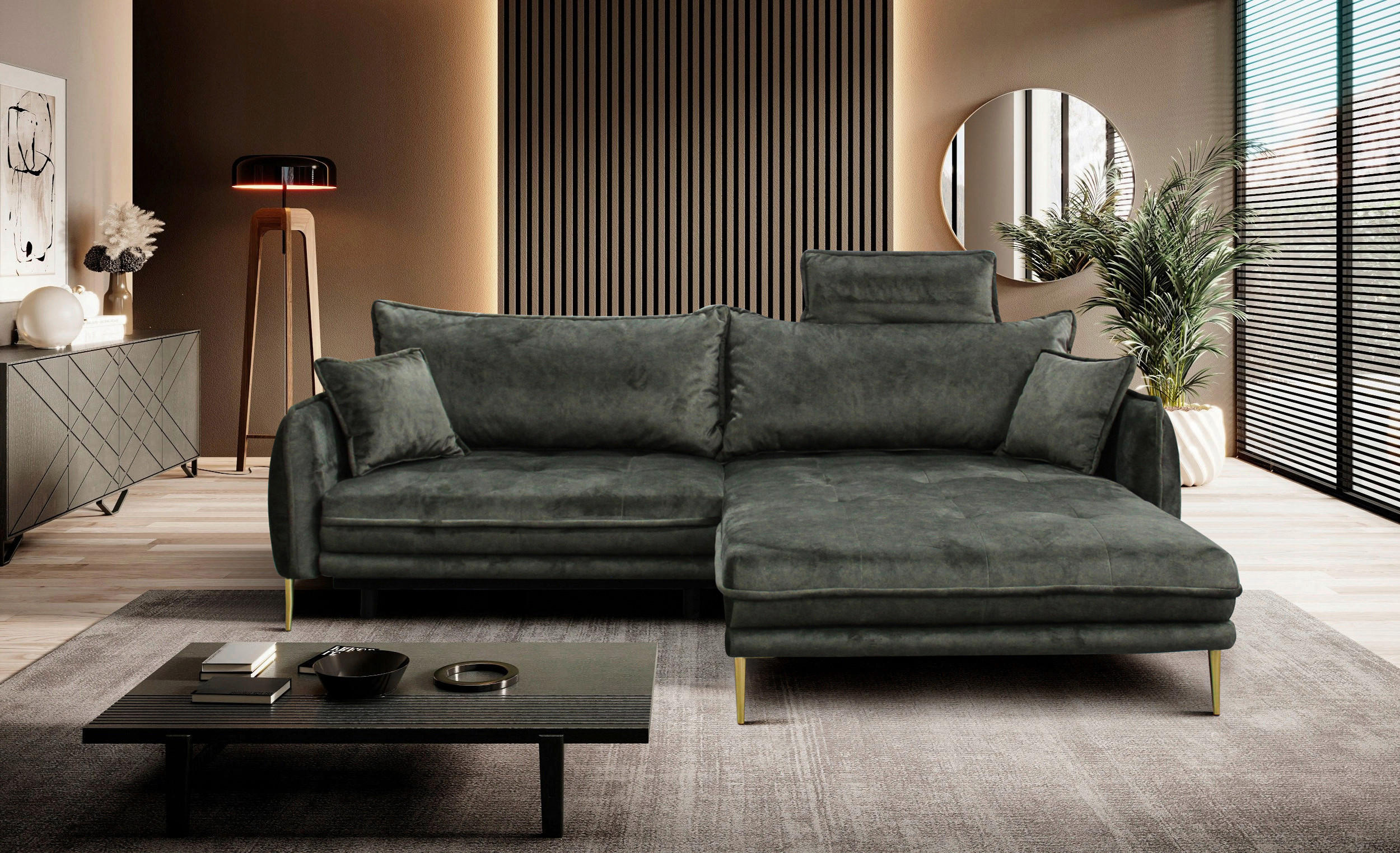 ECKSOFA Grün Velours  - Goldfarben/Grün, Design, Textil/Metall (264/196cm) - MID.YOU