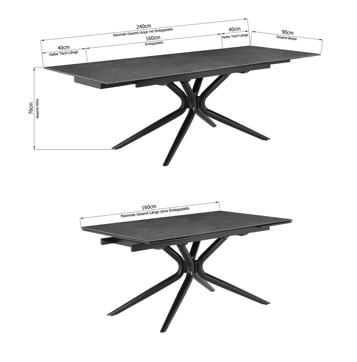 ESSTISCH 160-240/90/76 cm  Metall, Glas, Keramik ausziehbar rechteckig Grau, Schwarz  - Schwarz/Grau, MODERN, Glas/Keramik (160-240/90/76cm) - P & B
