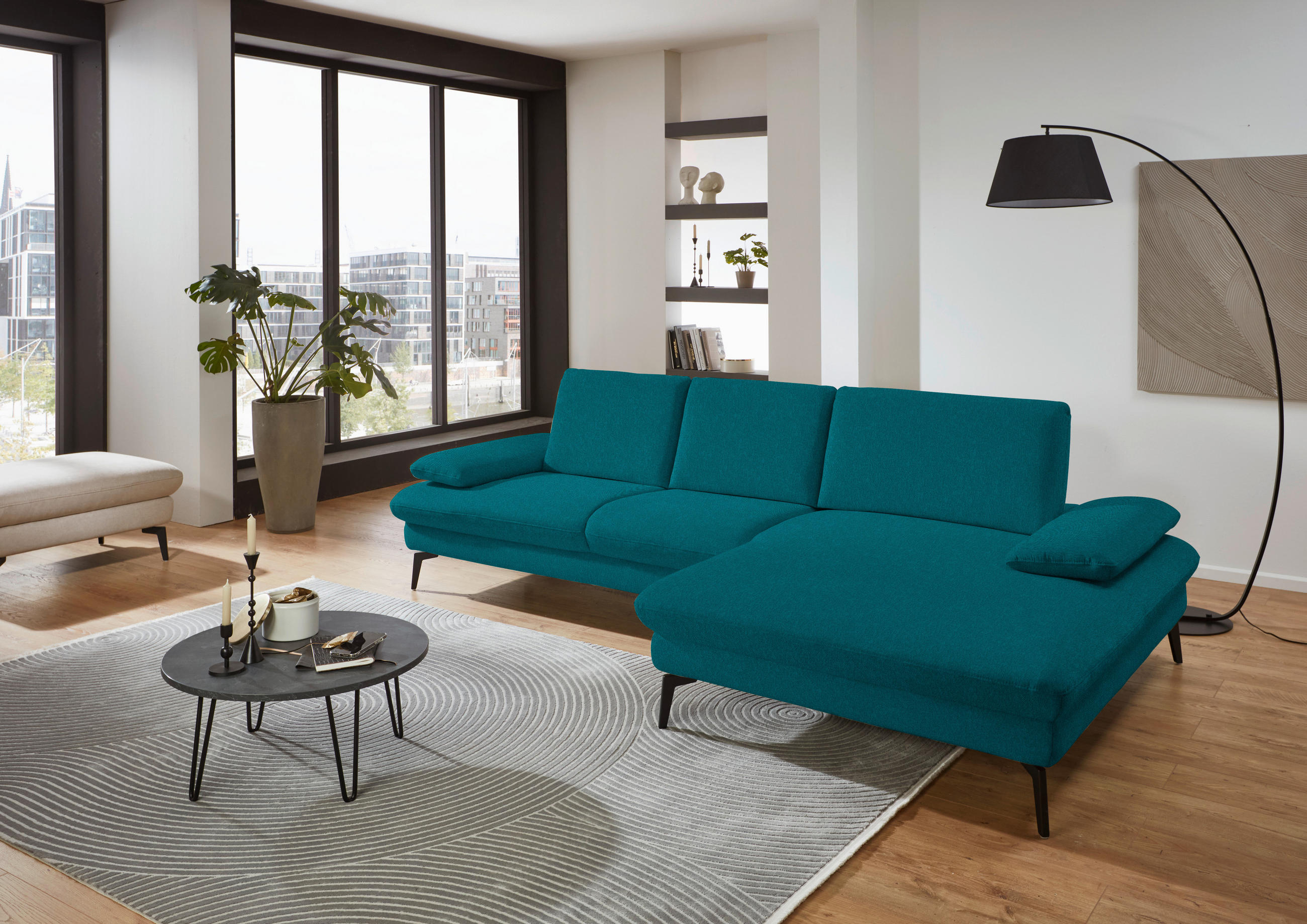 ECKSOFA in Chenille, Mikrofaser Petrol  - Petrol/Schwarz, Design, Textil/Metall (299/157cm) - Dieter Knoll