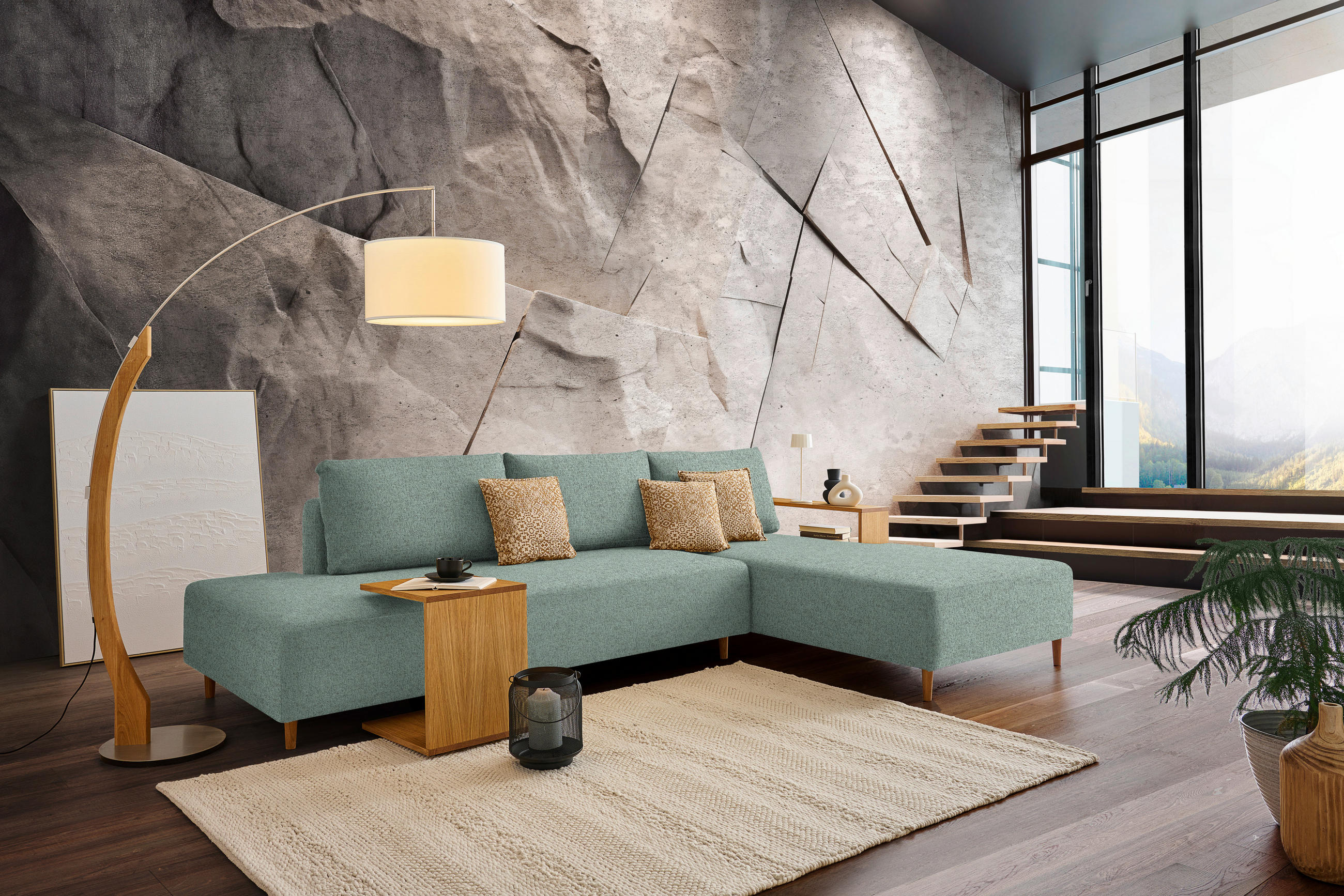 ECKSOFA in Flachgewebe Mintgrün  - Eichefarben/Mintgrün, Design, Holz/Textil (307/190cm) - Joka