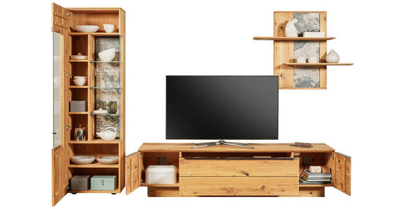 WOHNWAND  in Eichefarben  320/205,7/53,7 cm  - Eichefarben/Schwarz, Natur, Glas/Holz (320/205,7/53,7cm) - Valnatura