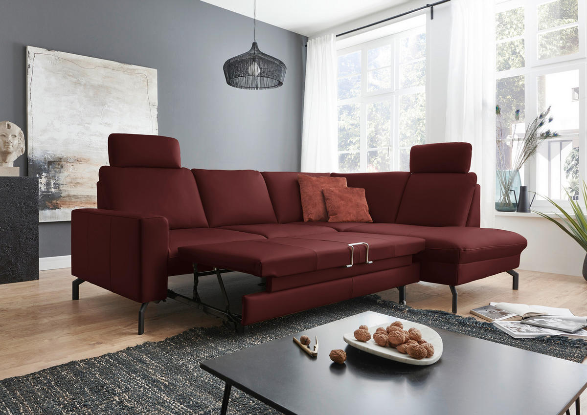 ECKSOFA in Echtleder Brombeere  - Brombeere/Schwarz, Design, Leder/Metall (250/194cm) - Beldomo Premium