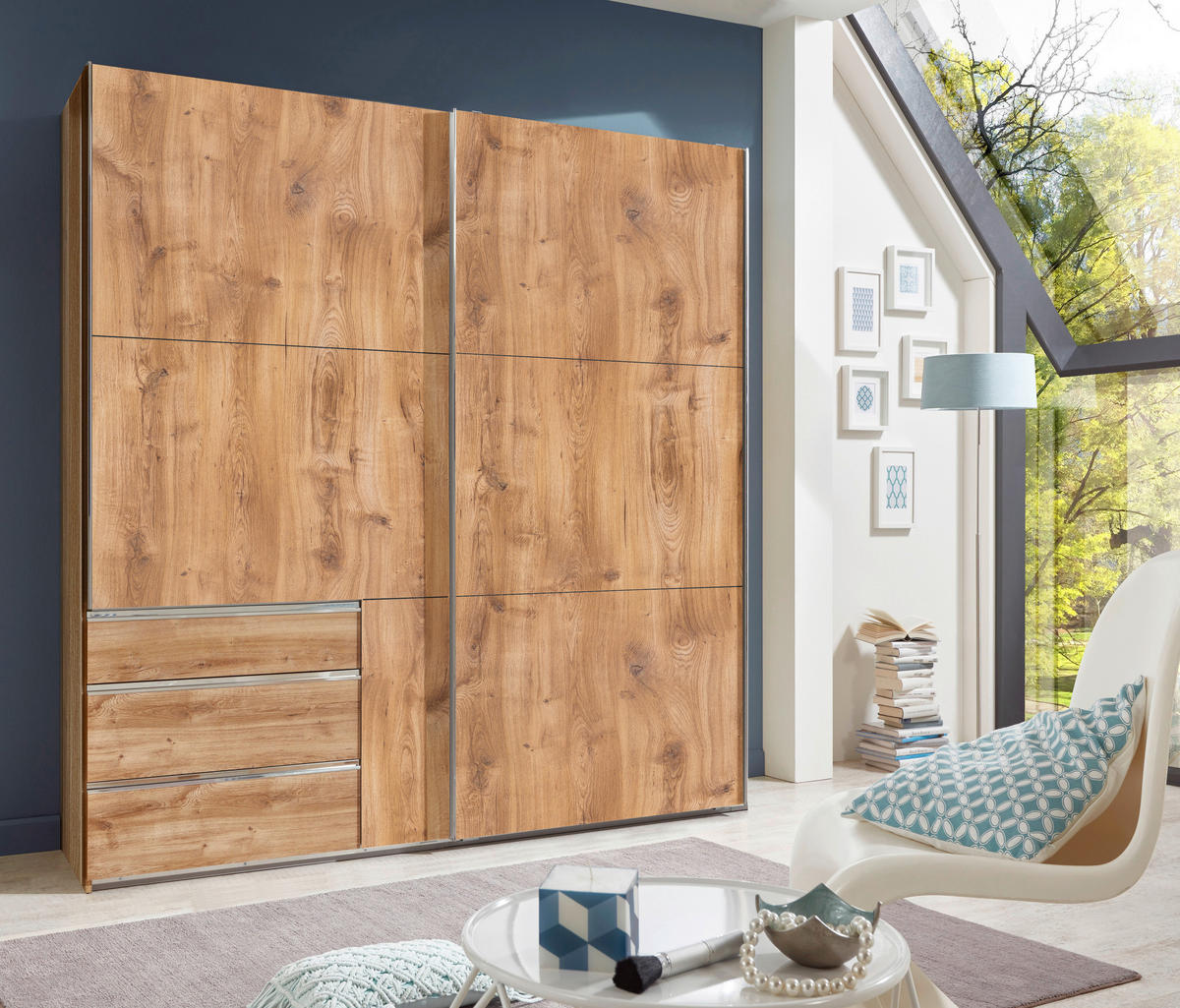 ORMAR - VISEĆA KLIZNA VRATA boja hrasta  200/216/65 cm  - boja hroma/boja hrasta, Moderno, pločasti materijal (200/216/65cm) - MID.YOU